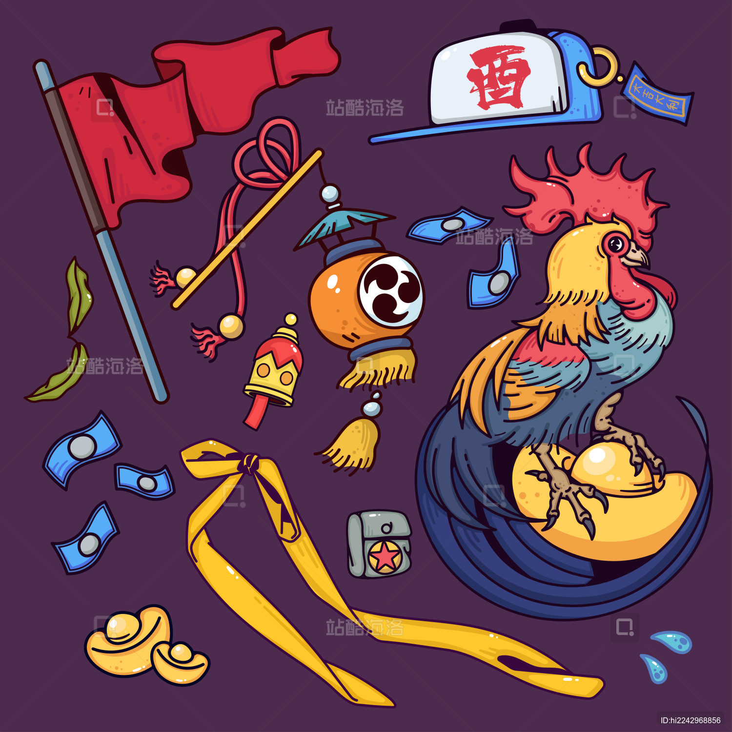 国潮古风公鸡传统灯笼节日喜庆矢量潮流插画