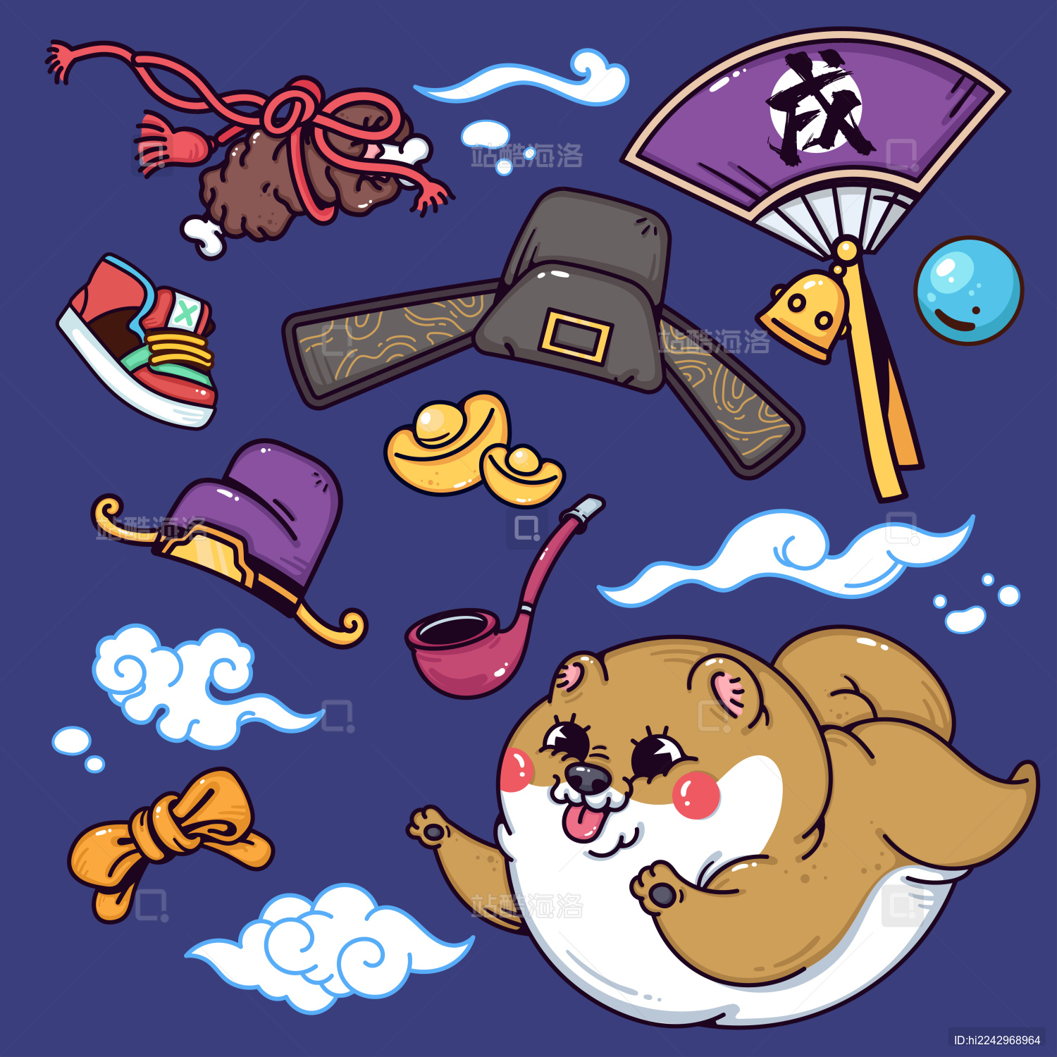 国潮古风小狗传统扇子节日喜庆矢量潮流插画