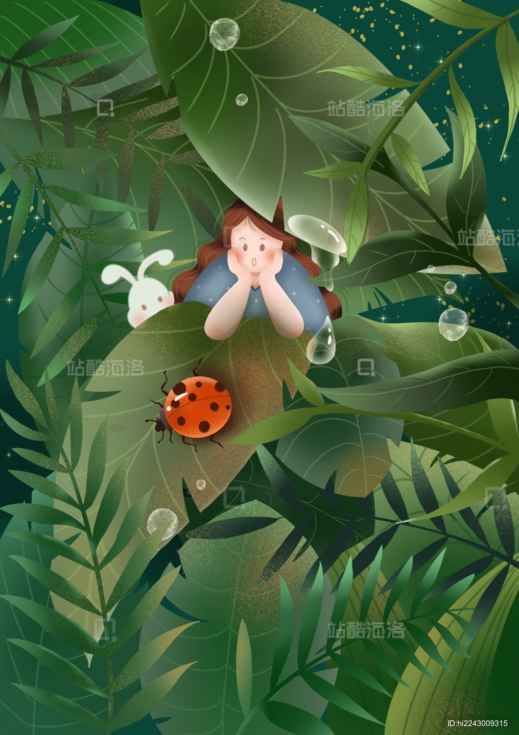 惊蛰节气夜晚女孩和兔子在森林里观察昆虫