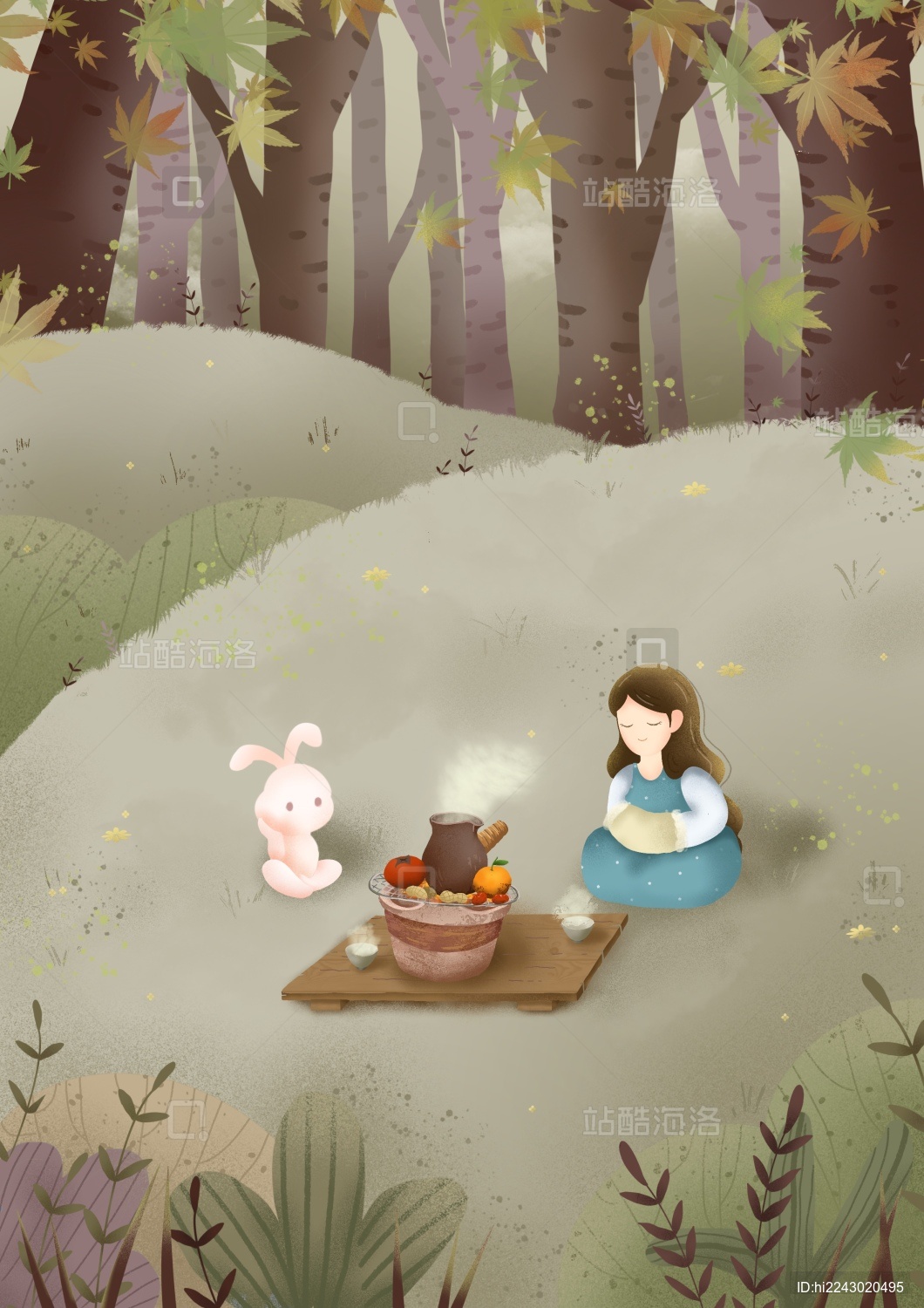 立冬节气树林中女孩和女子围炉煮茶