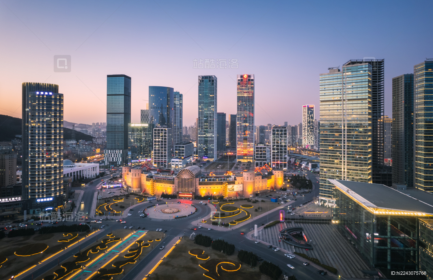 辽宁大连市星海广场城市天际线夜景航拍