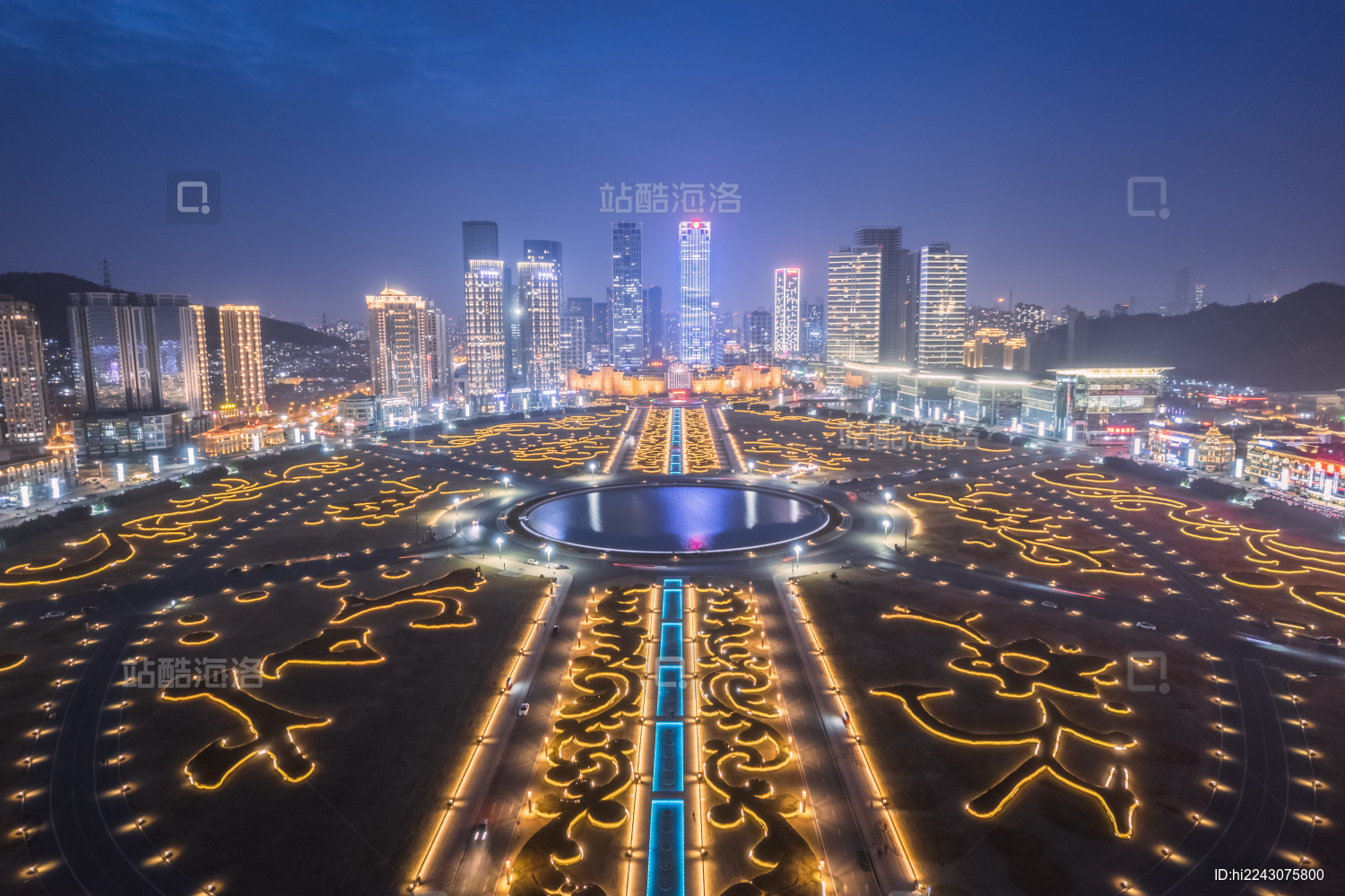 辽宁大连市星海广场城市天际线夜景航拍
