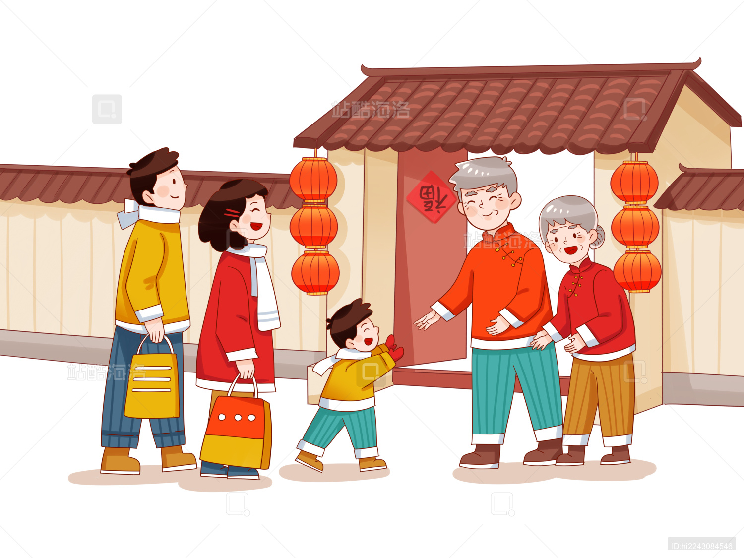 卡通小年门前一家人一起回家串门元素