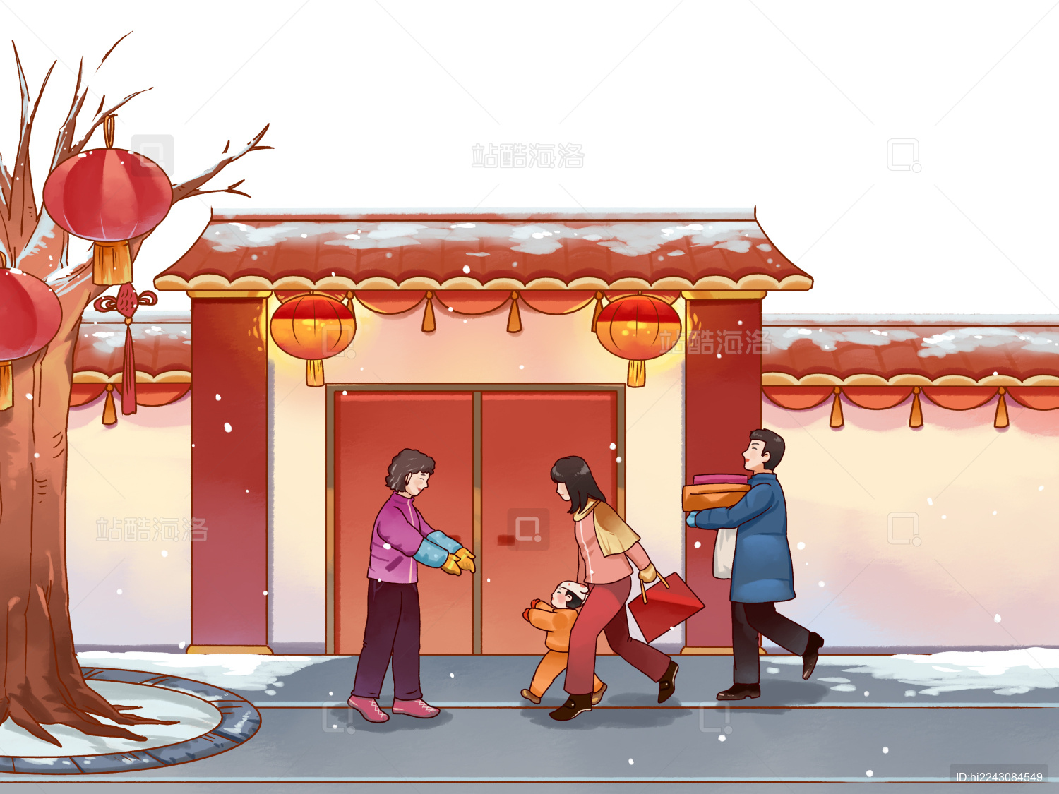 卡通小年门前一家人一起回家串门元素