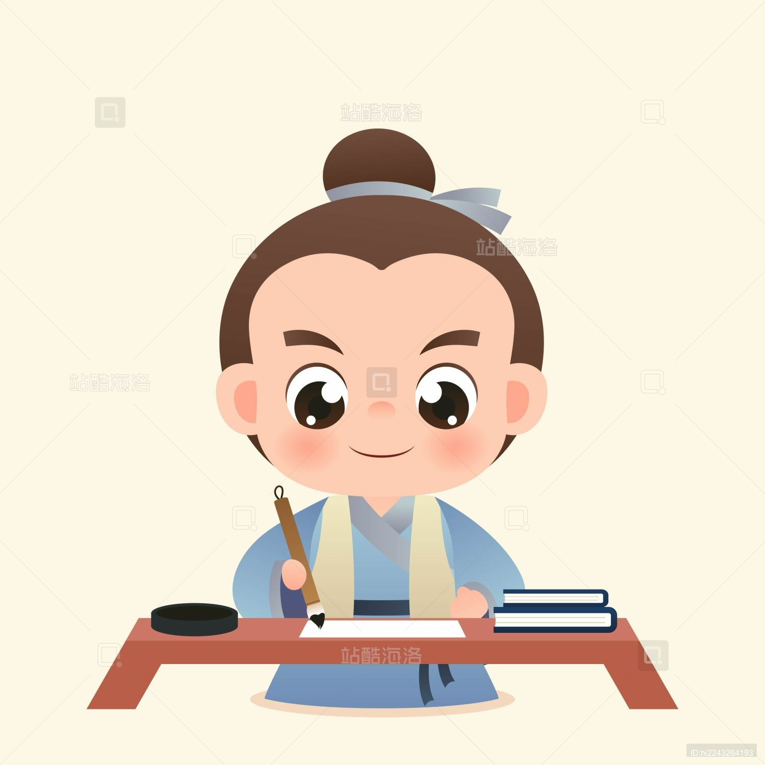 手绘卡通古代人写字