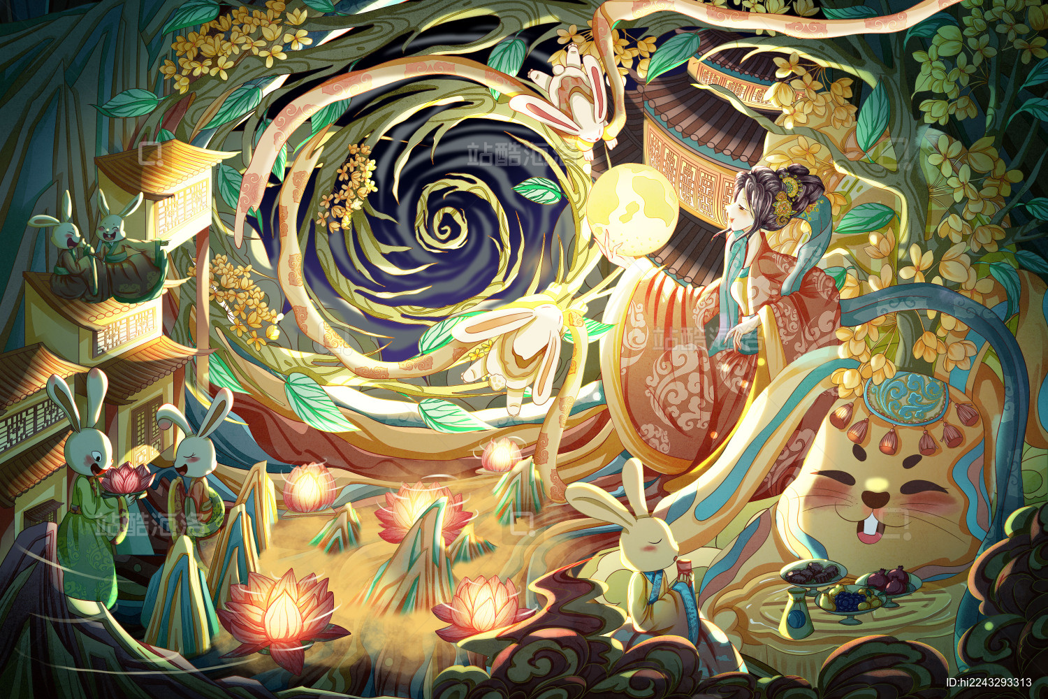 嫦娥手捧月亮一群兔子庆中秋