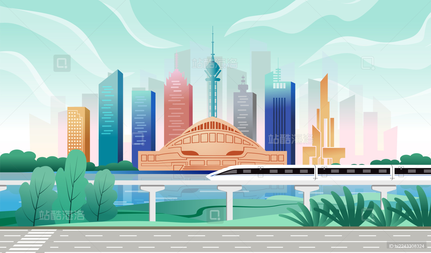 中国河北省石家庄市商务科技城市彩色插画