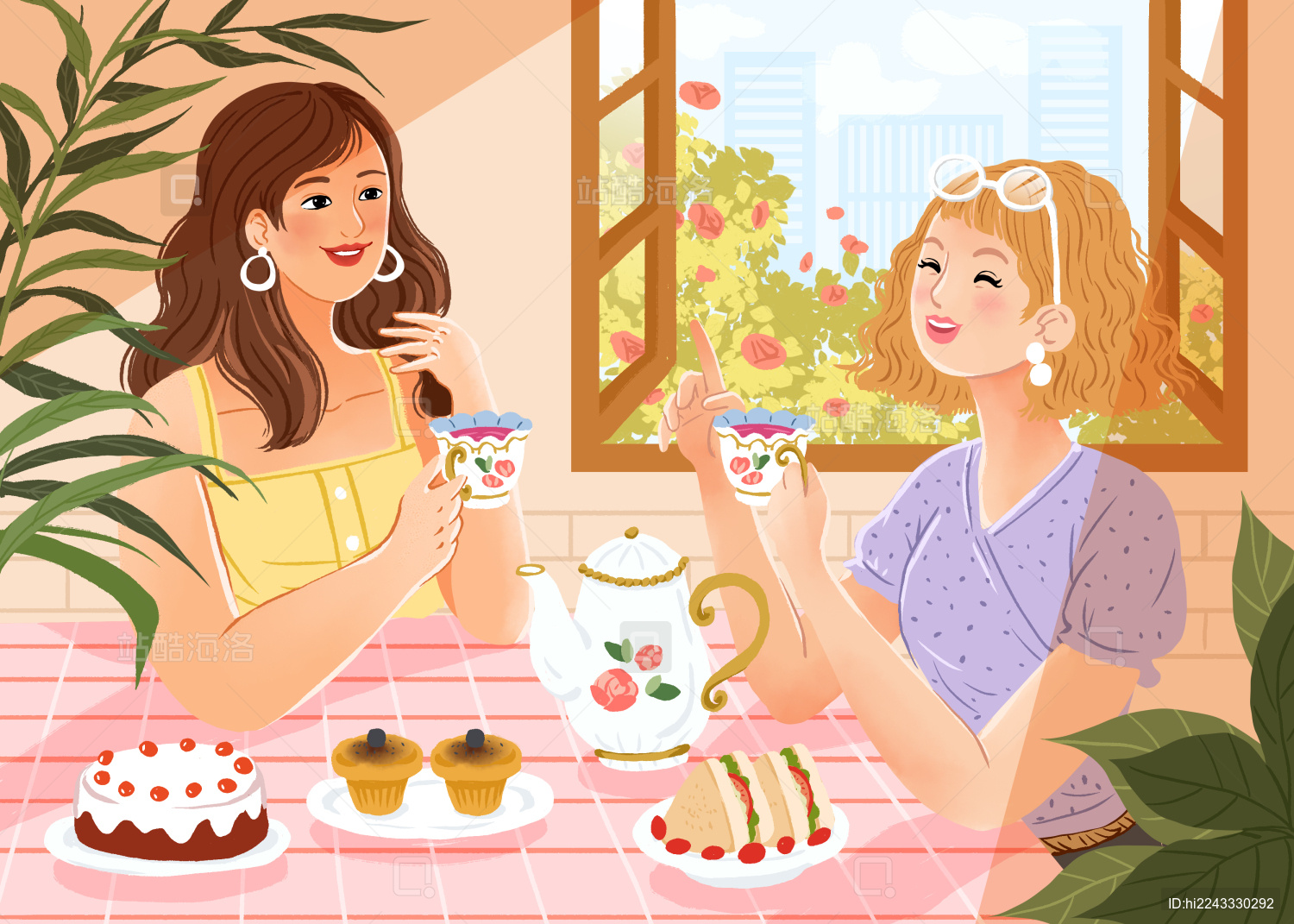 青年女人喝下午茶插画