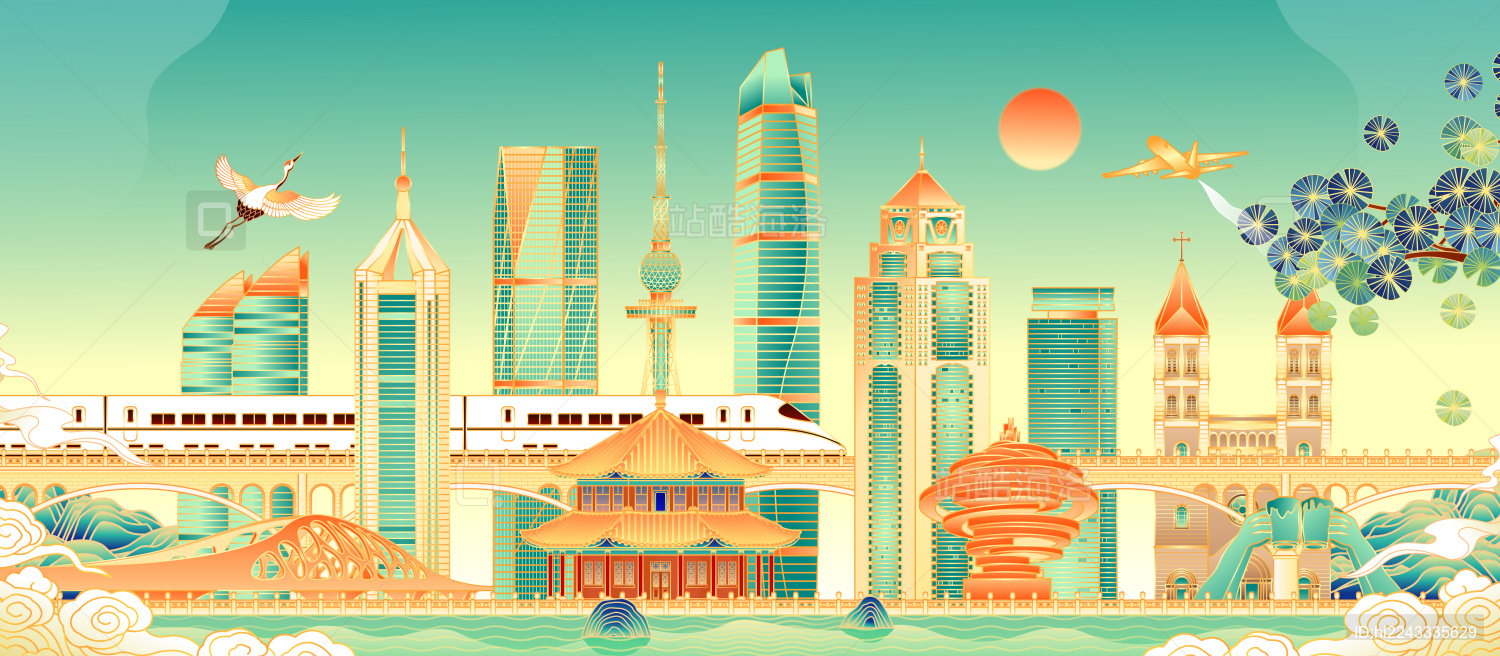 山东青岛城市地标建筑矢量插画