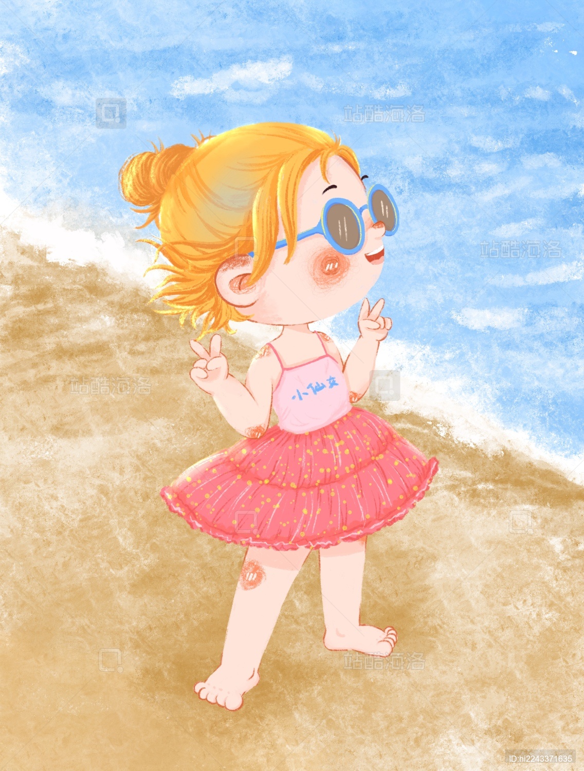q版人物夏季海边卡通侧面女孩