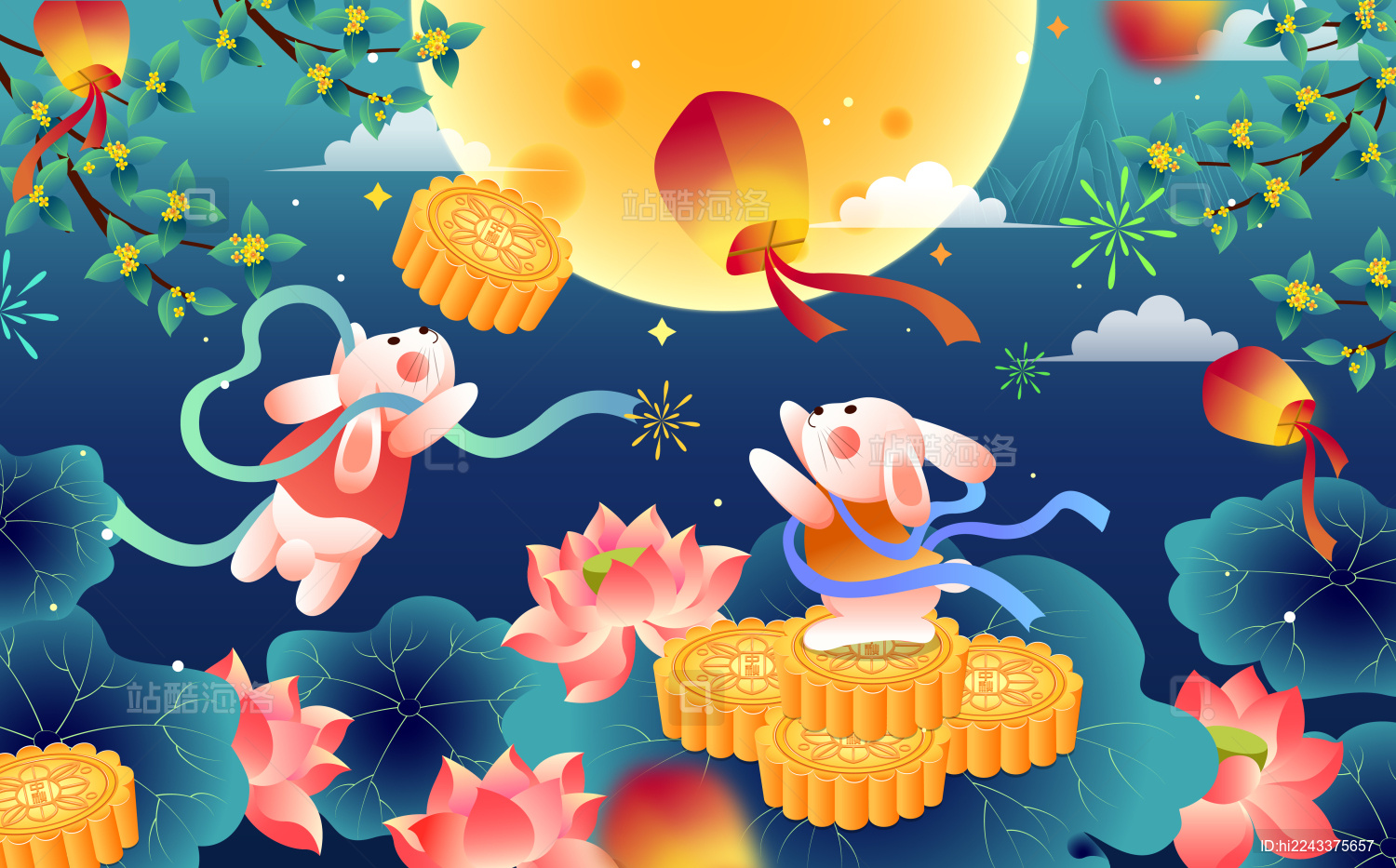 浪漫中秋夜小兔子放灯插画