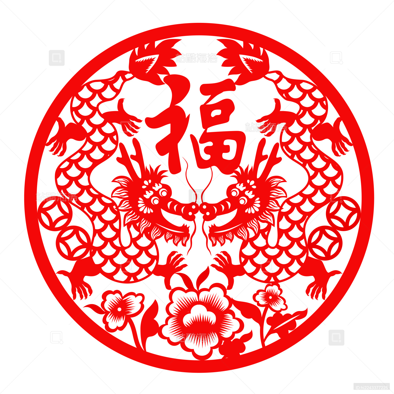 龙年春节窗花剪纸插画