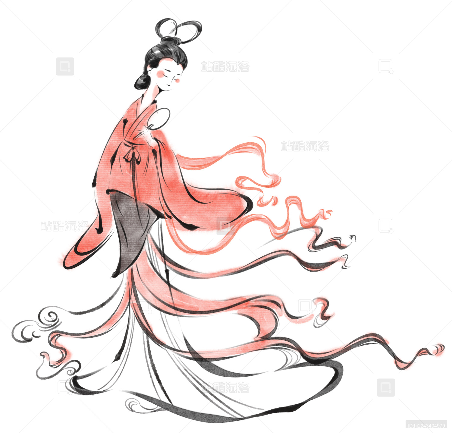 拿扇子的水墨国风仕女图