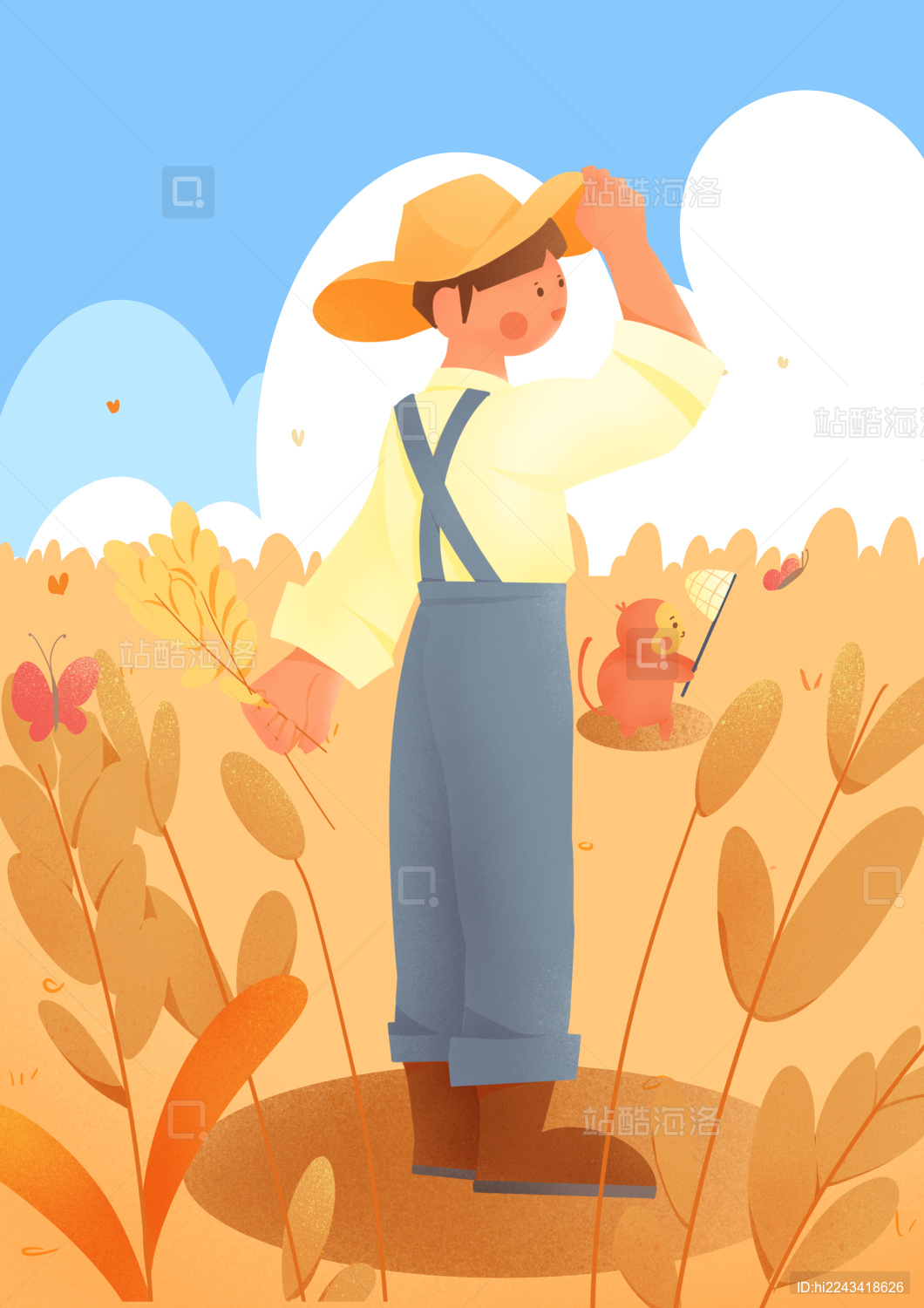 秋分男孩收获小麦扁平风肌理插画