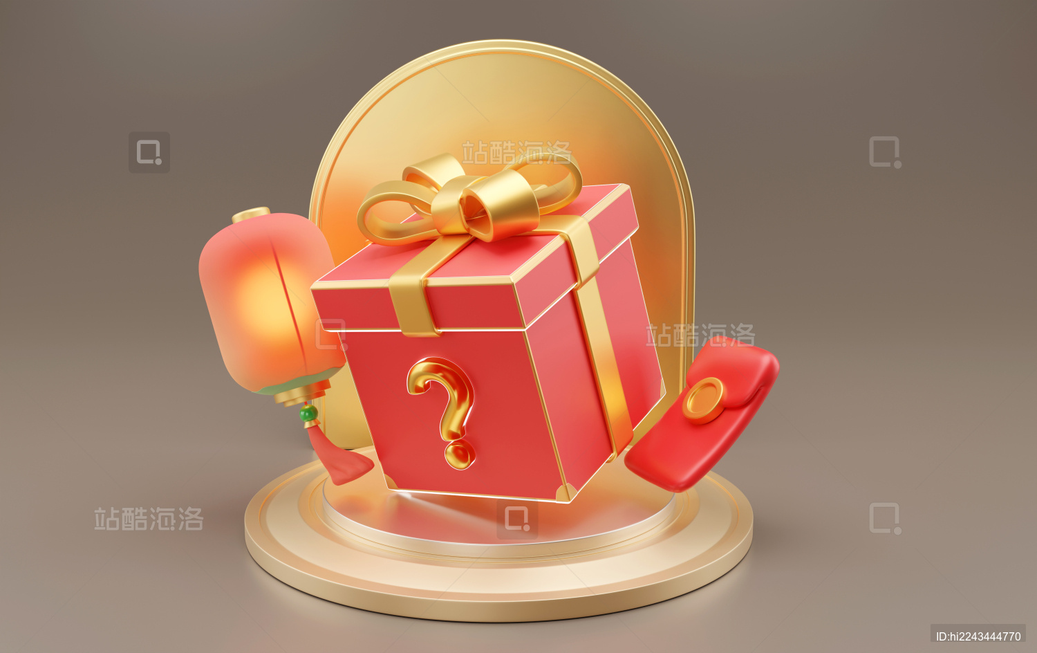 3D金边带问号的红色礼盒盲盒与红包灯笼