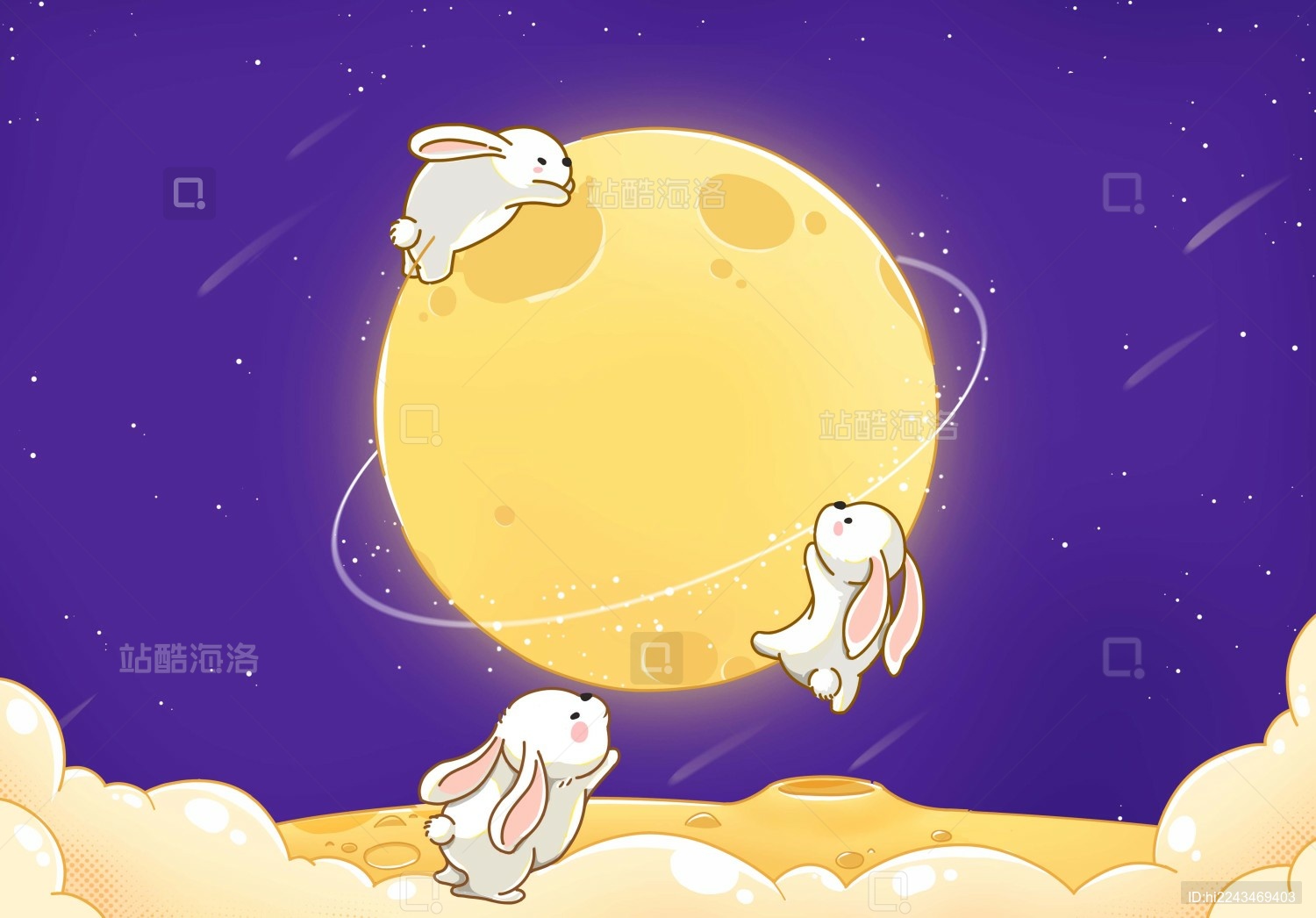 中秋国潮素材背景云月亮月球上兔子玉兔海报
