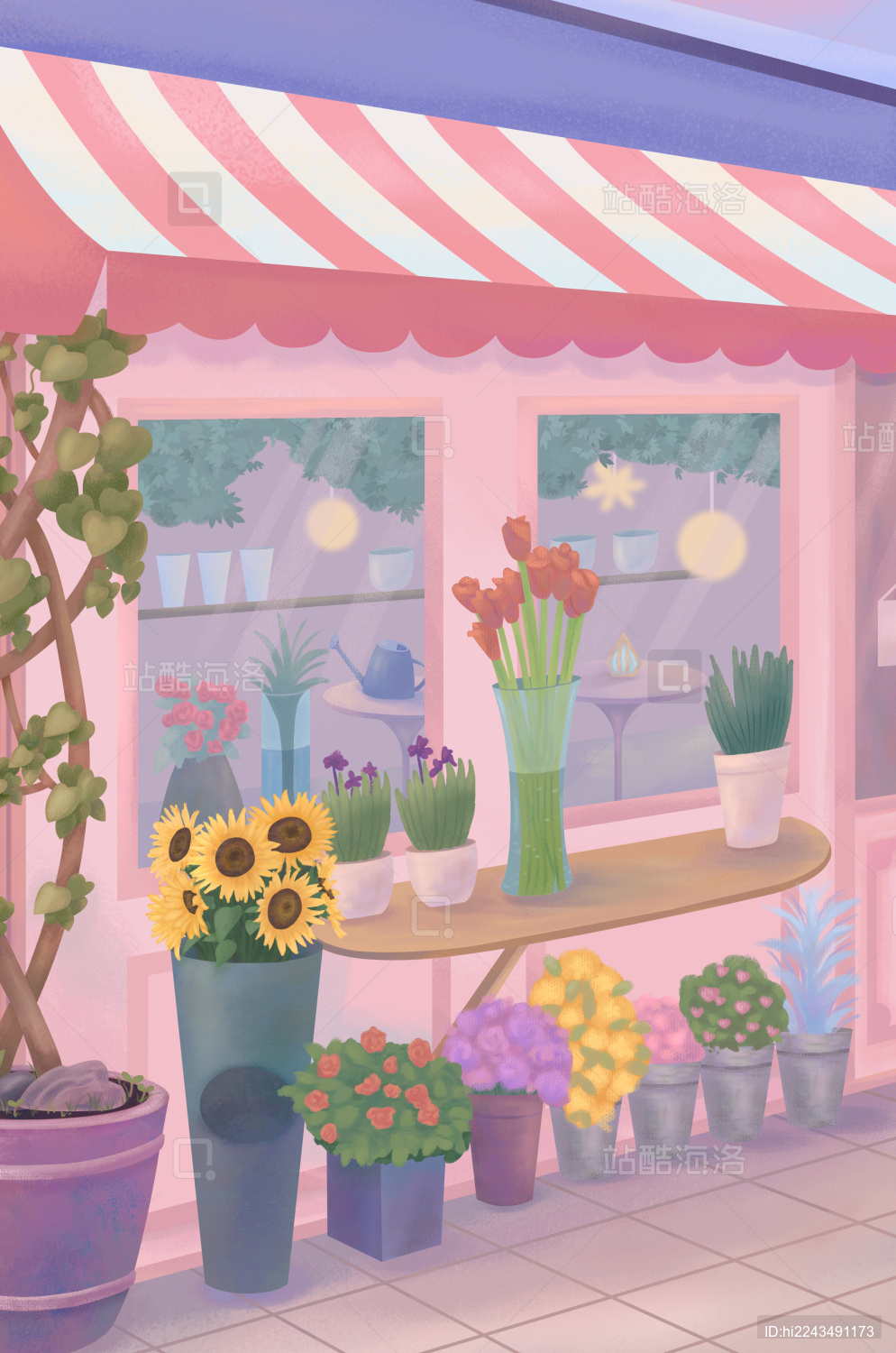 街角建筑摆满鲜花的花店手绘插画