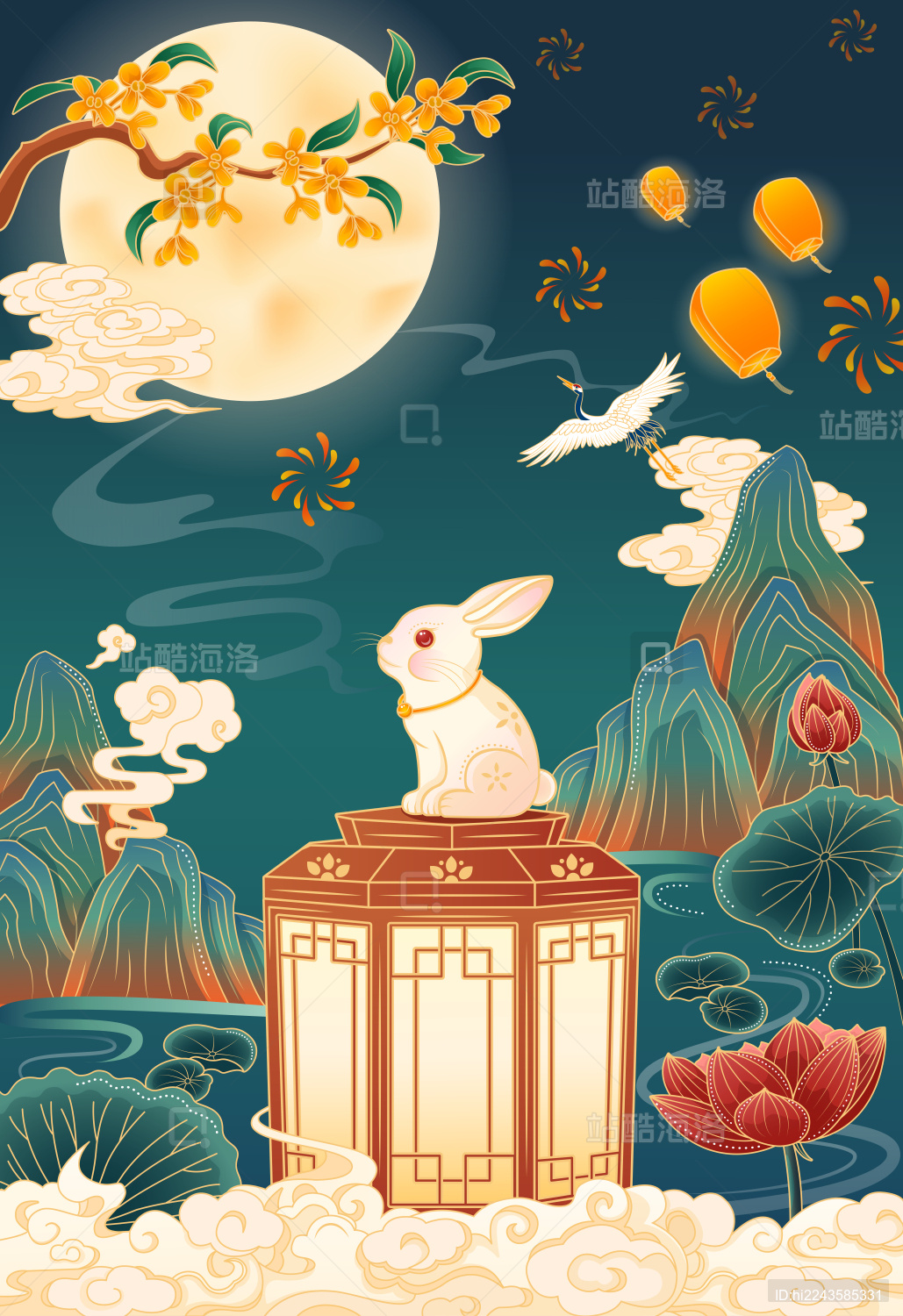 中秋节国风插画兔子望月