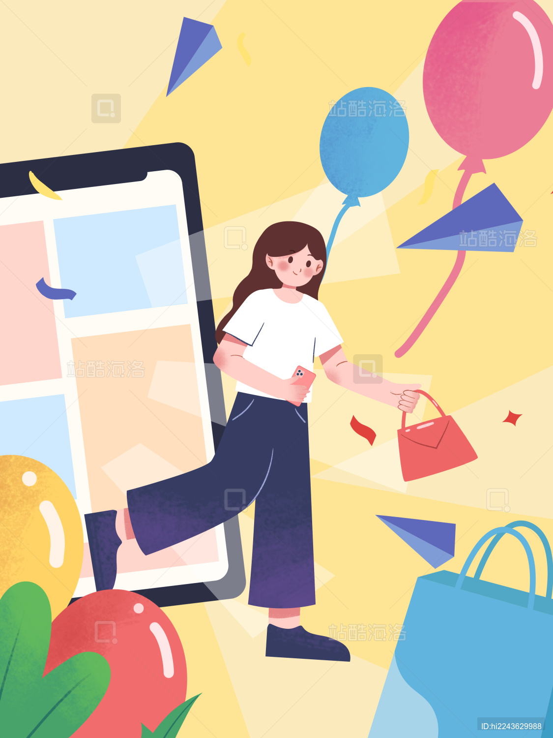 电商购物拎着包拿手机网购的女孩
