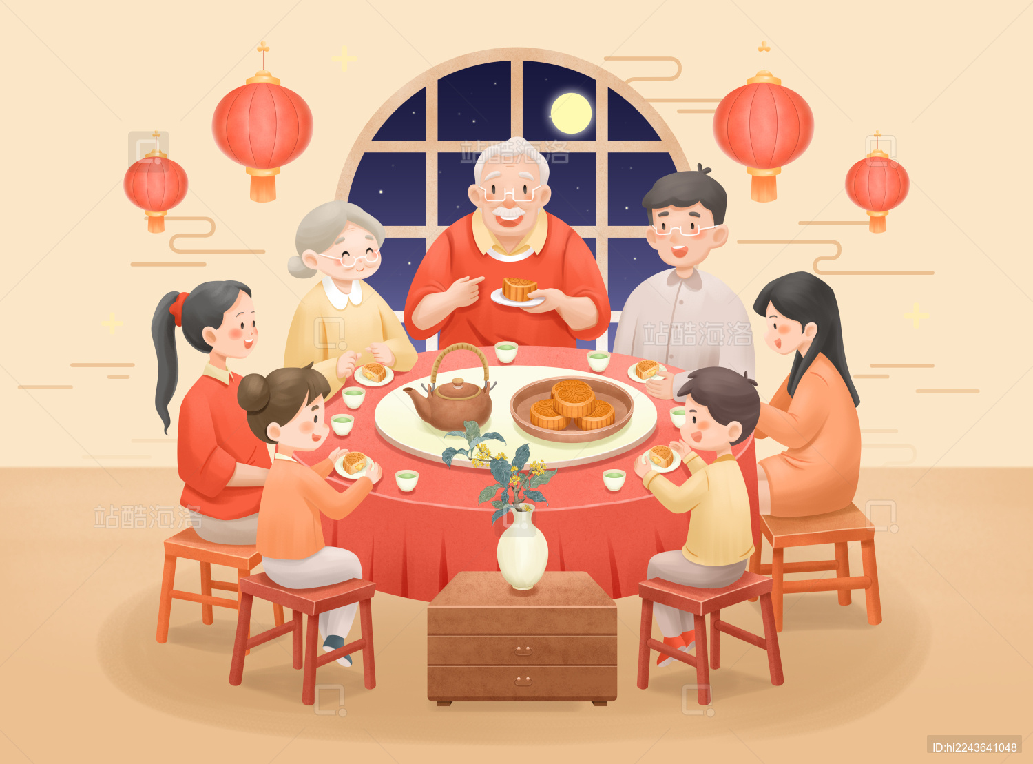 中秋节一家人一起聚餐喝茶吃月饼