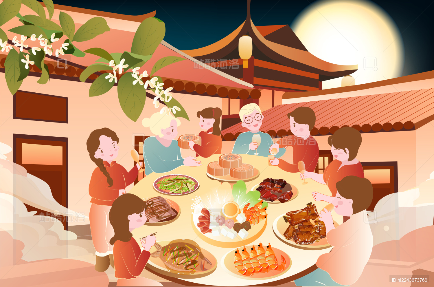 中式家庭中秋节吃团圆饭的一家