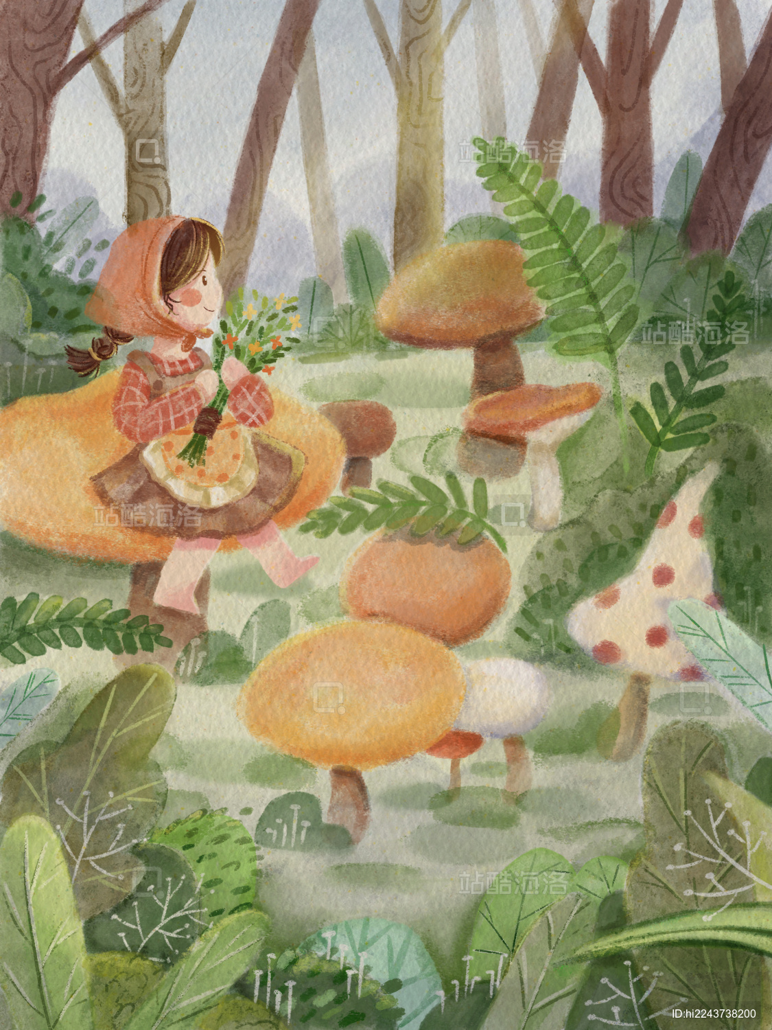 手绘水彩采蘑菇的小姑娘森林场景插画