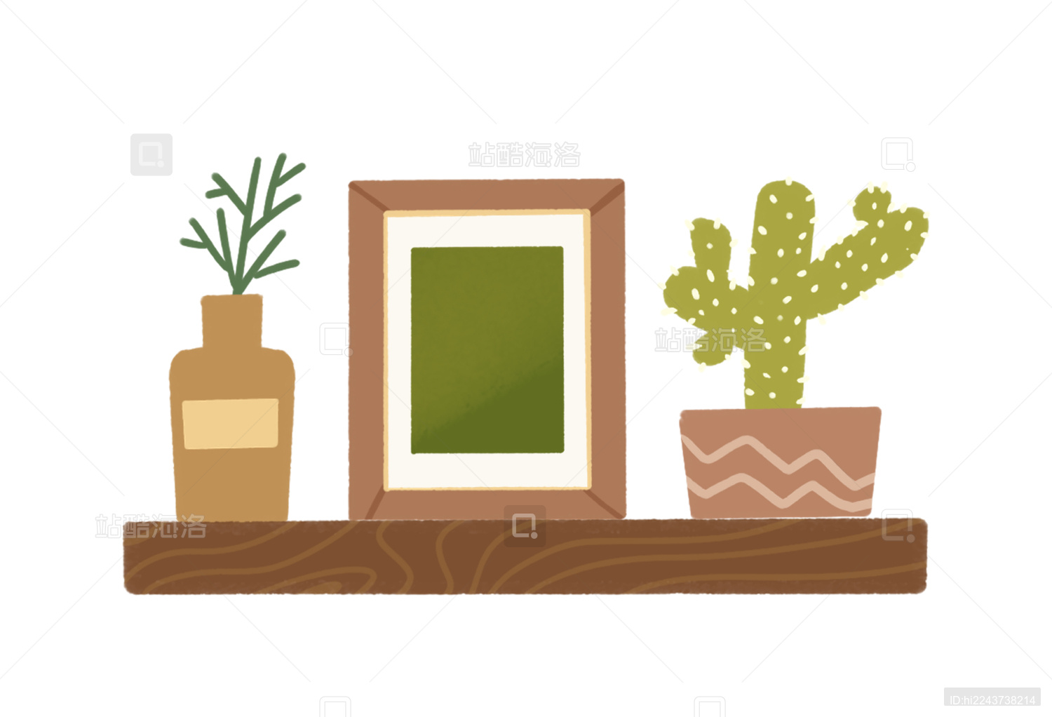 墙上置物架相框仙人掌装饰元素插画