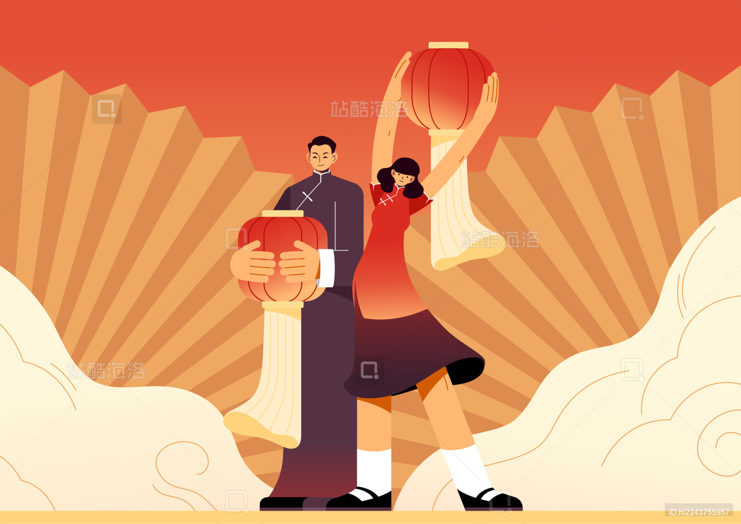 国庆节矢量插画拿灯笼的男孩和女孩