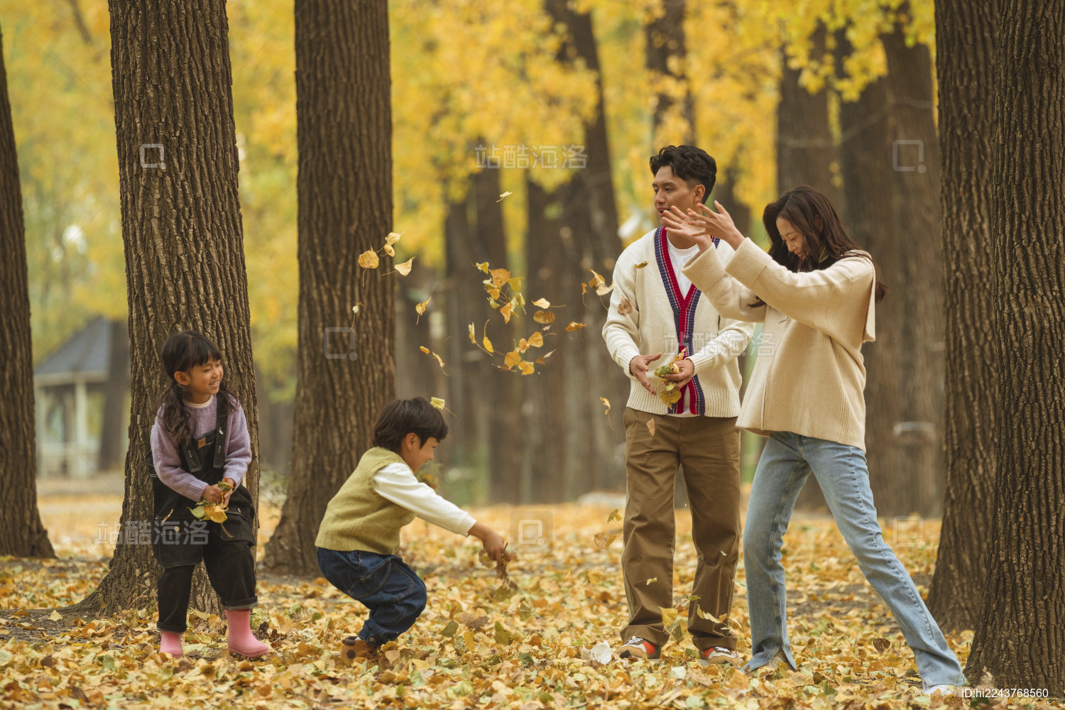 一家四口在公园玩耍