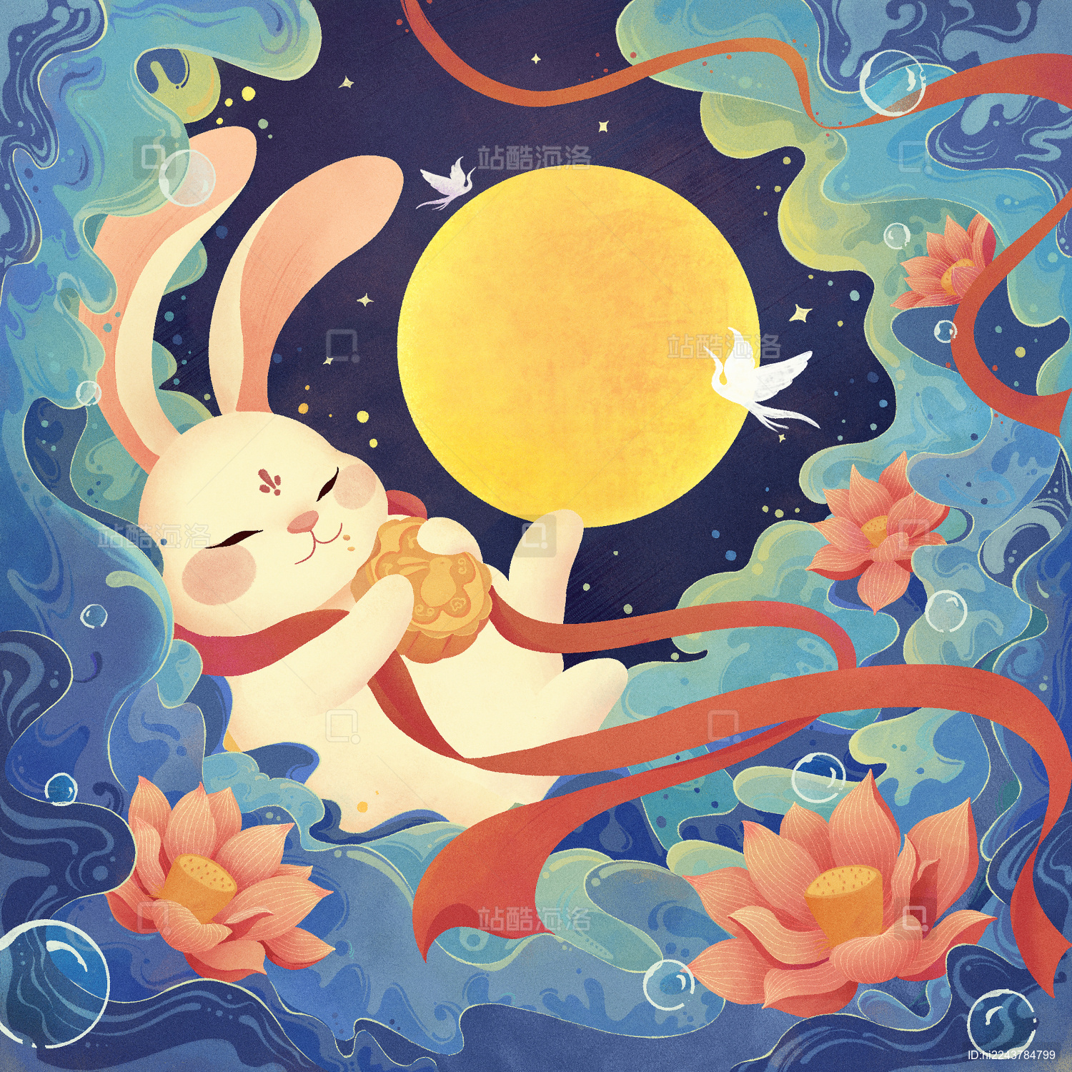 中秋圆月一只兔子吃着月饼赏月方形插画