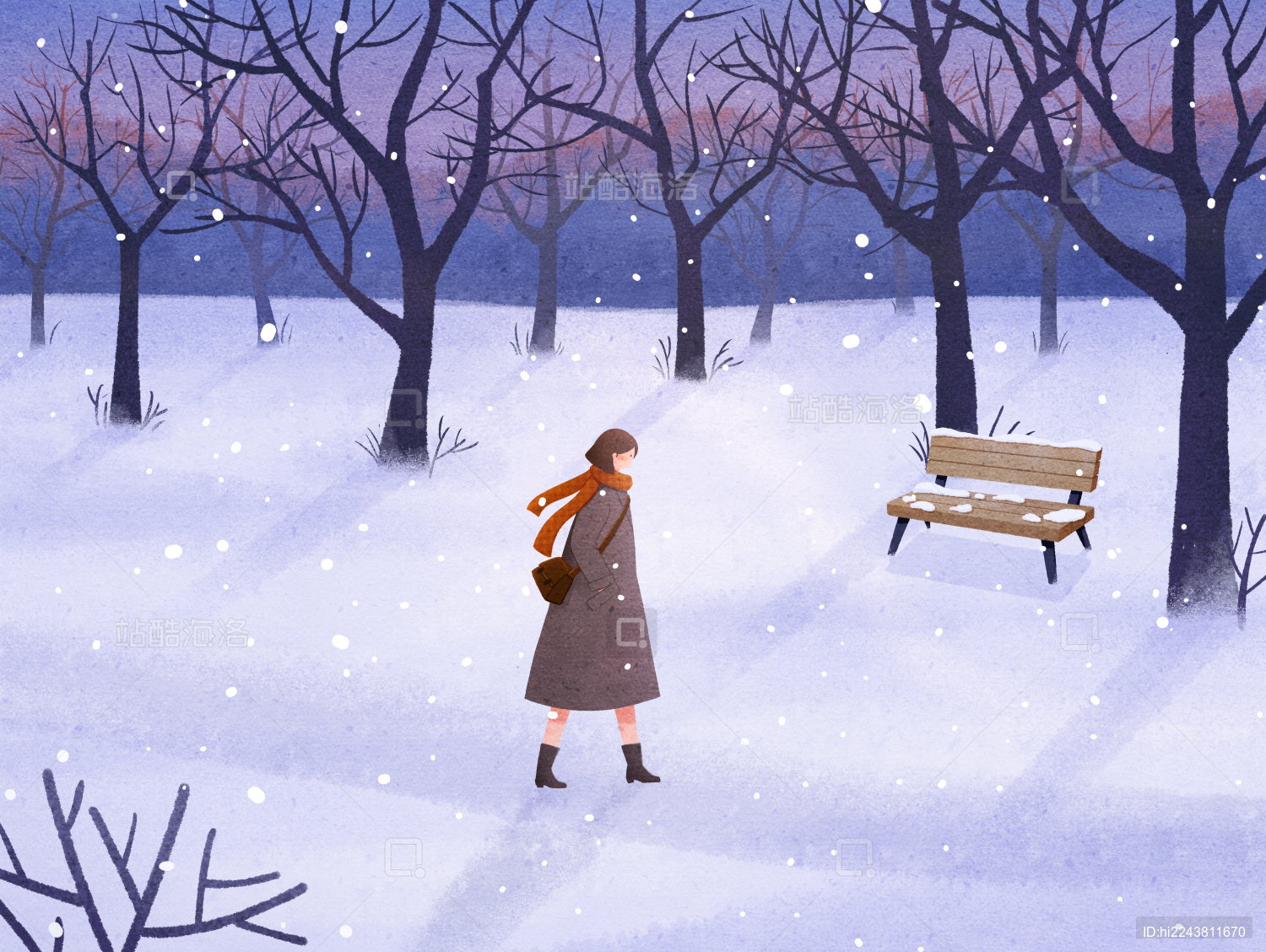 少女穿过树林大雪节气肌理插画