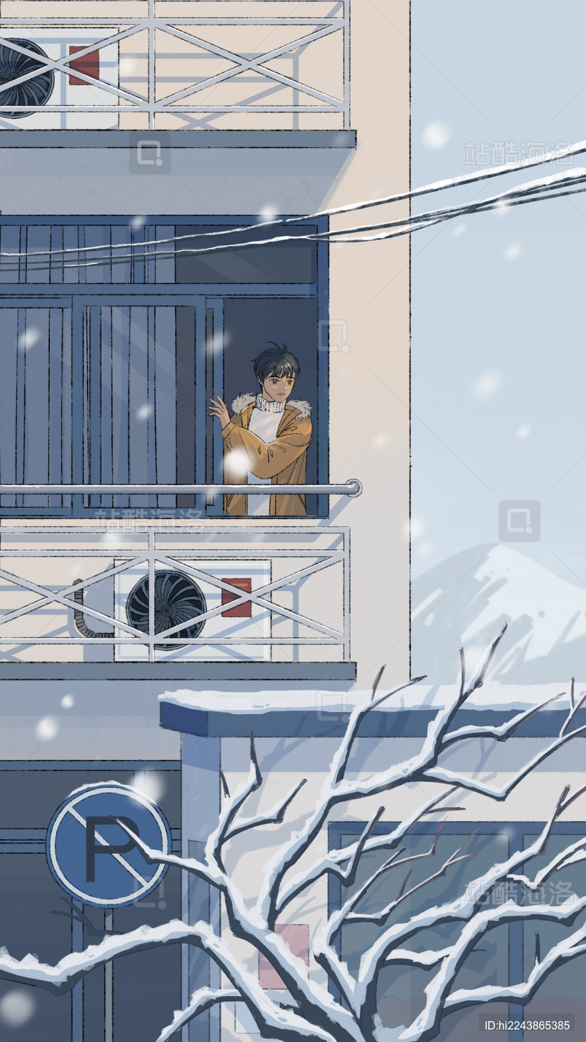 冬季居民楼内男孩窗前看雪插画