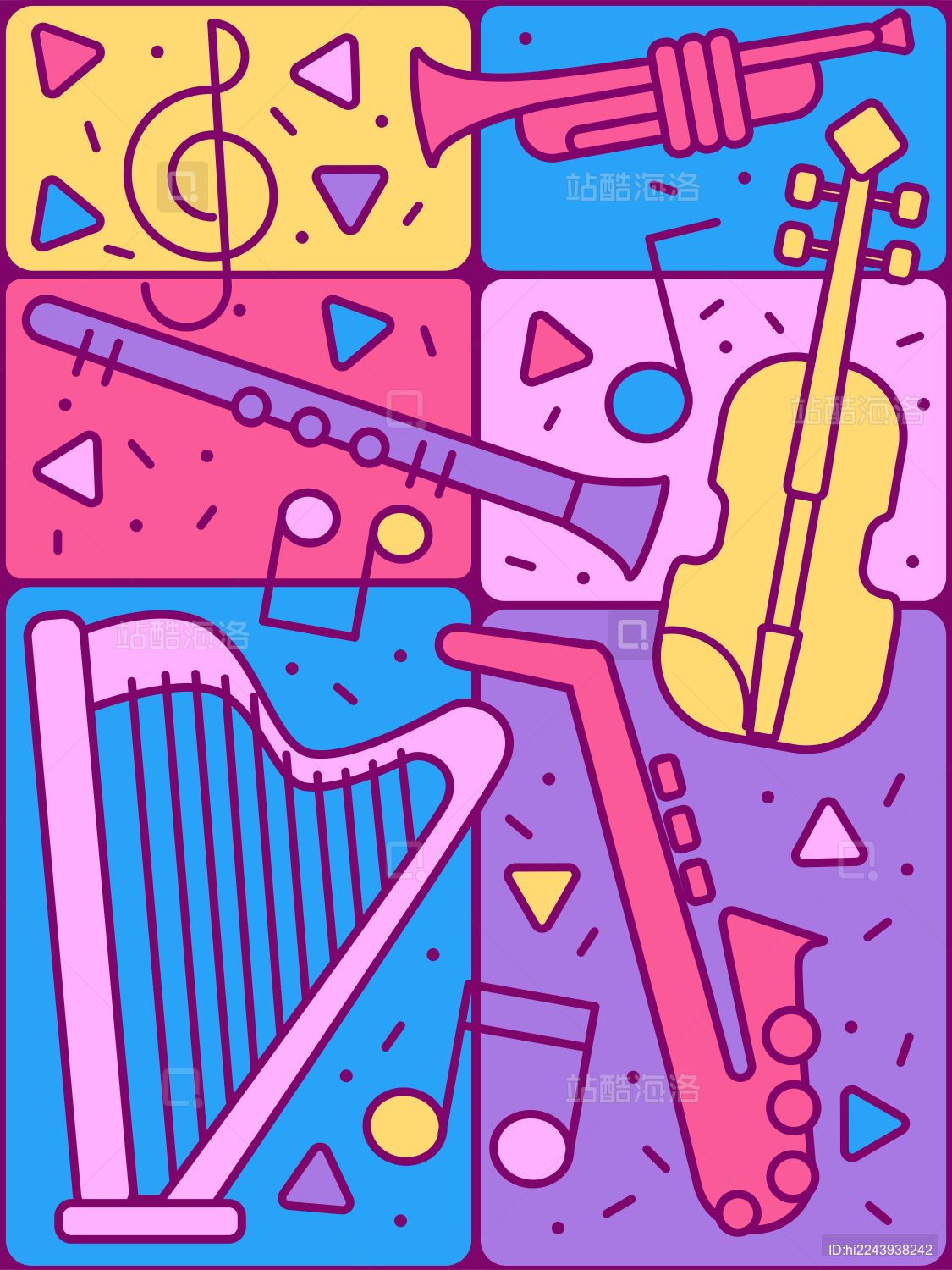 音乐乐器音符图形描边涂鸦风扁平插画