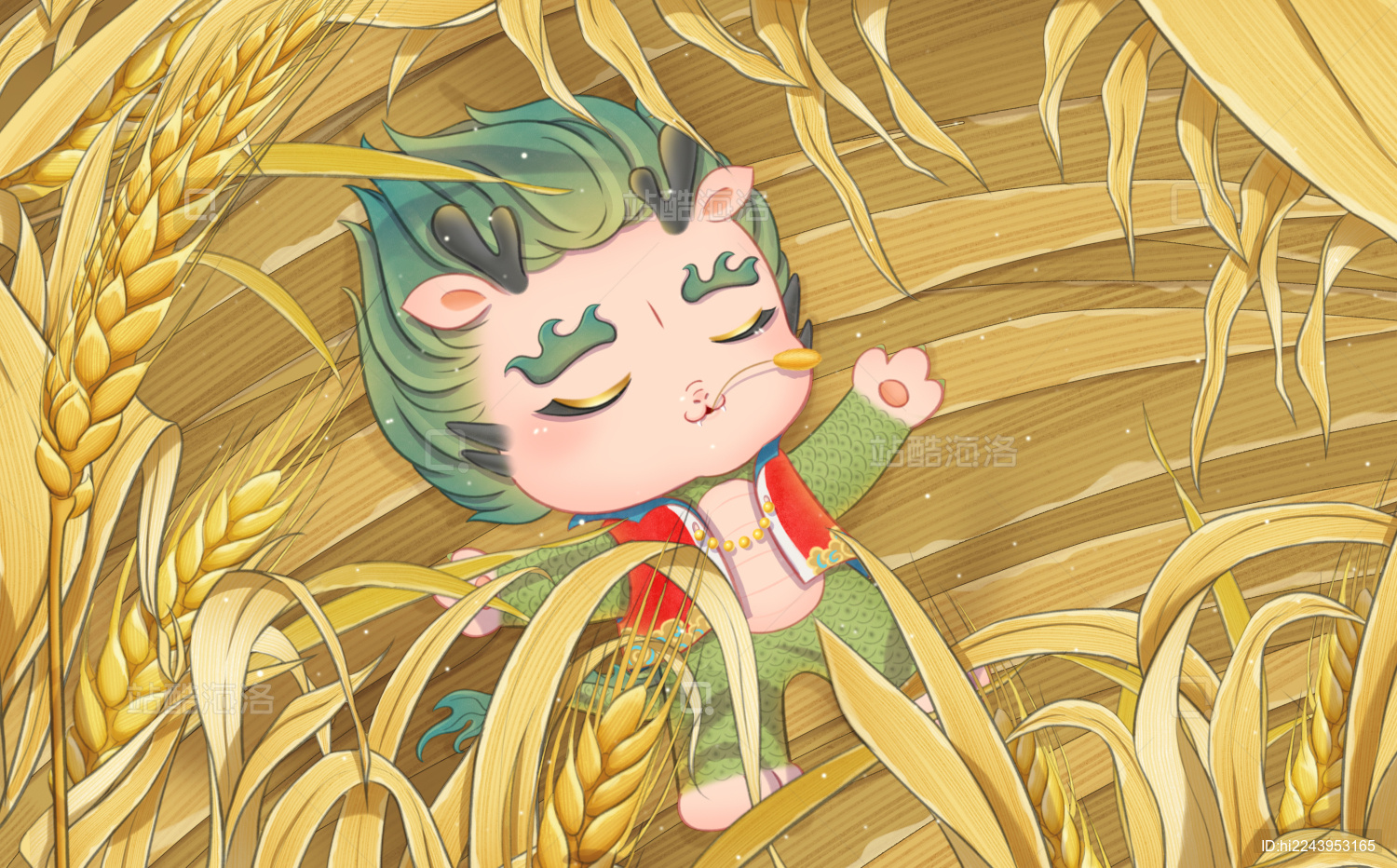 芒种节气龙宝躺在金色的小麦地里