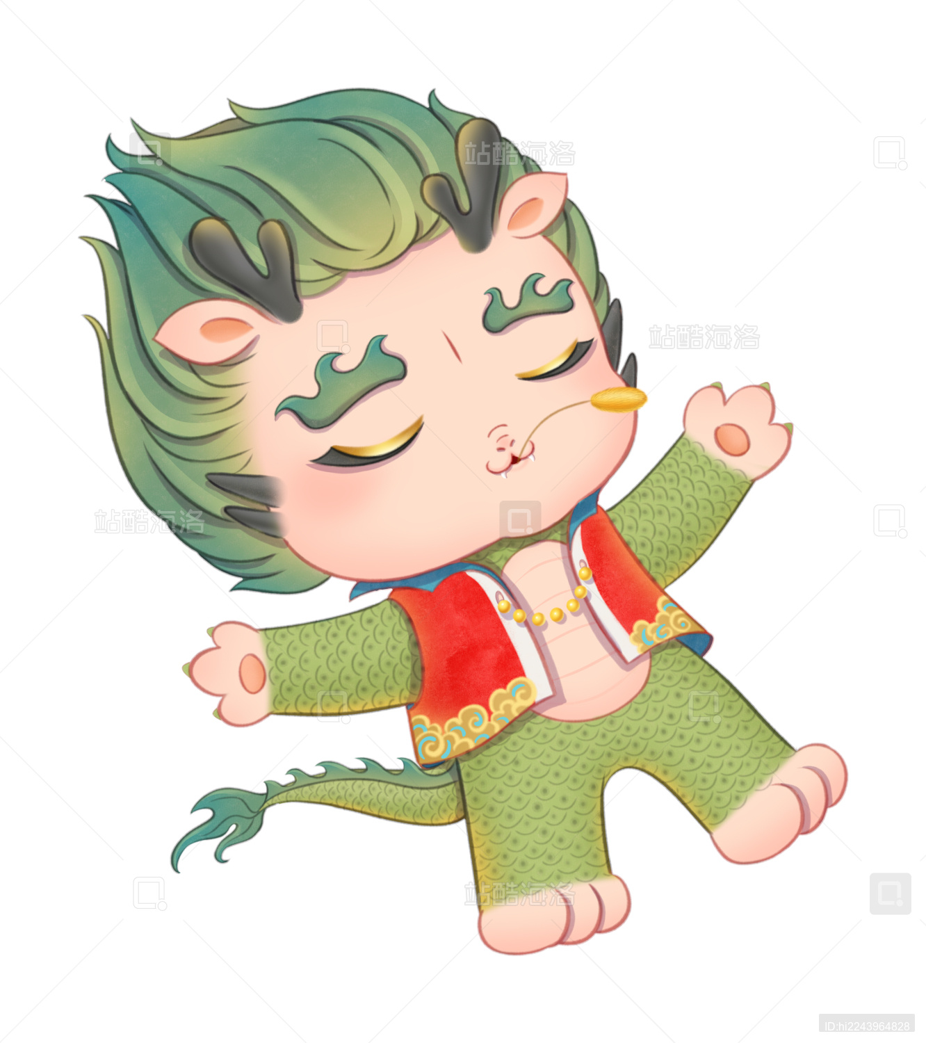 可爱的小青龙闭眼躺在地上嘴里叼着狗尾草