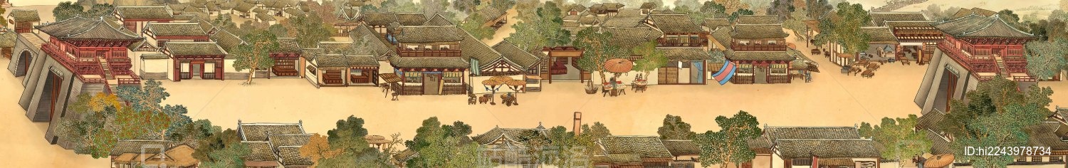插画手绘风古代商业街店铺及小吃摊城楼日景