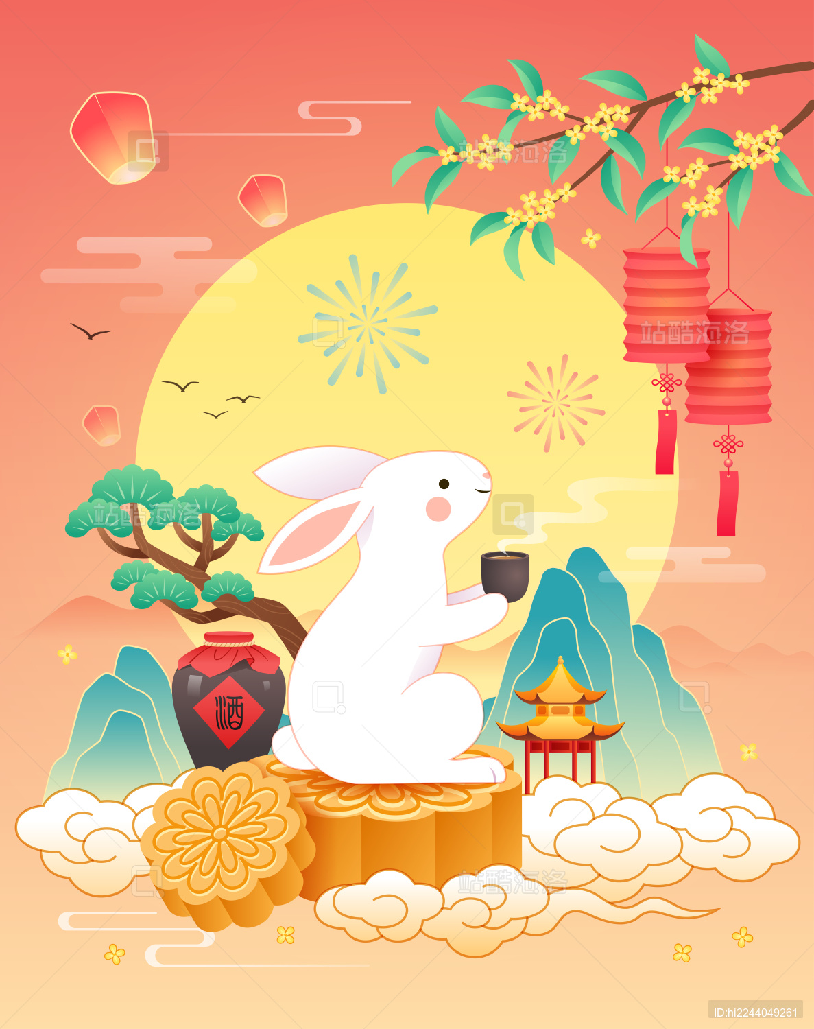 中秋节兔子月亮桂花月饼灯笼等国潮风插画