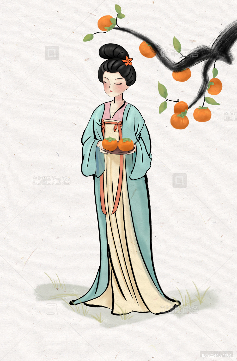 节气霜降-仕女手端柿子水墨风插画竖图