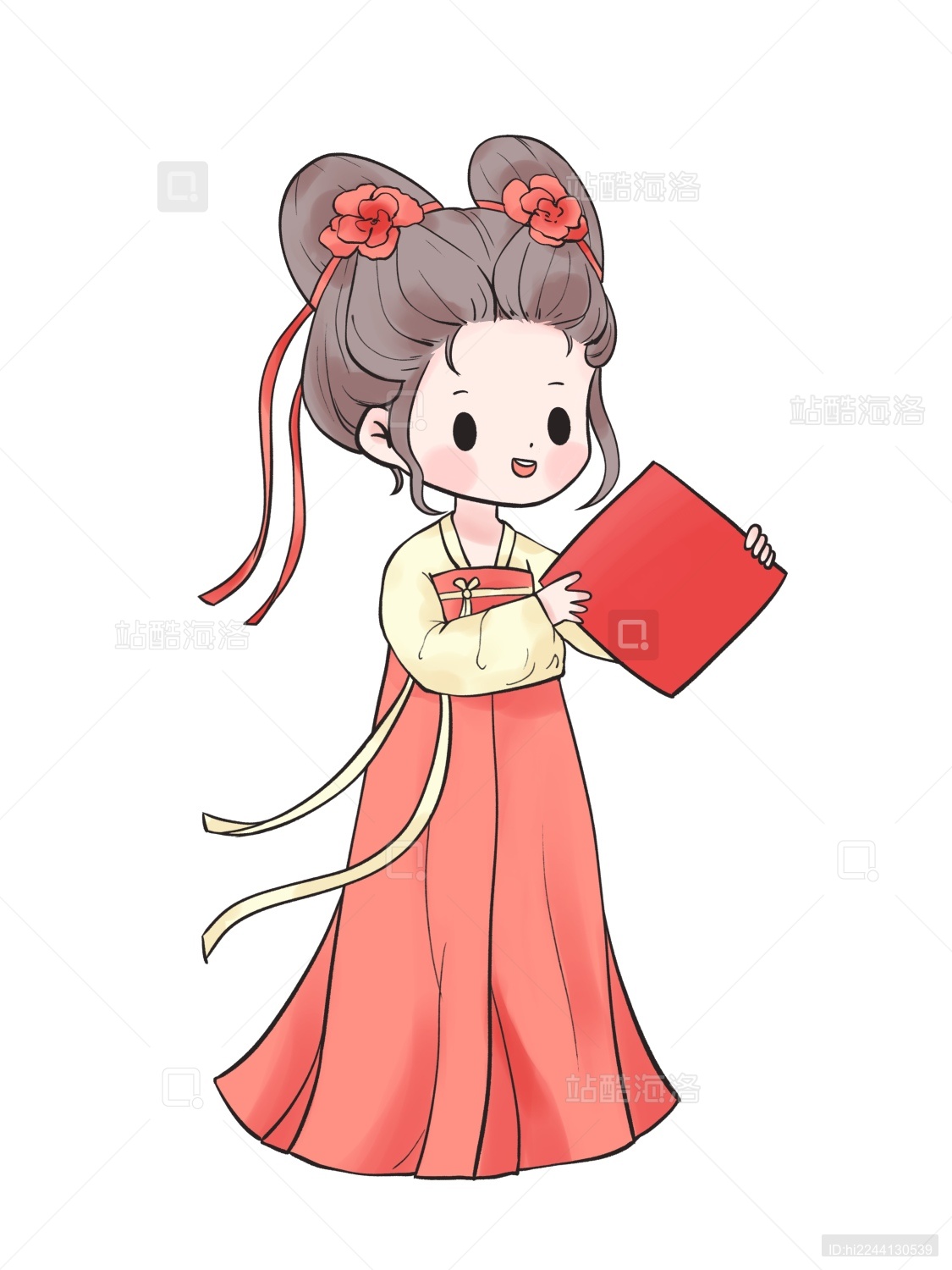 古风汉服女孩拿春联拜年插画