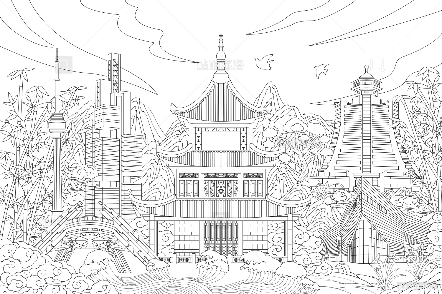 国潮风城市贵州贵阳地标建筑黑色描边插画横