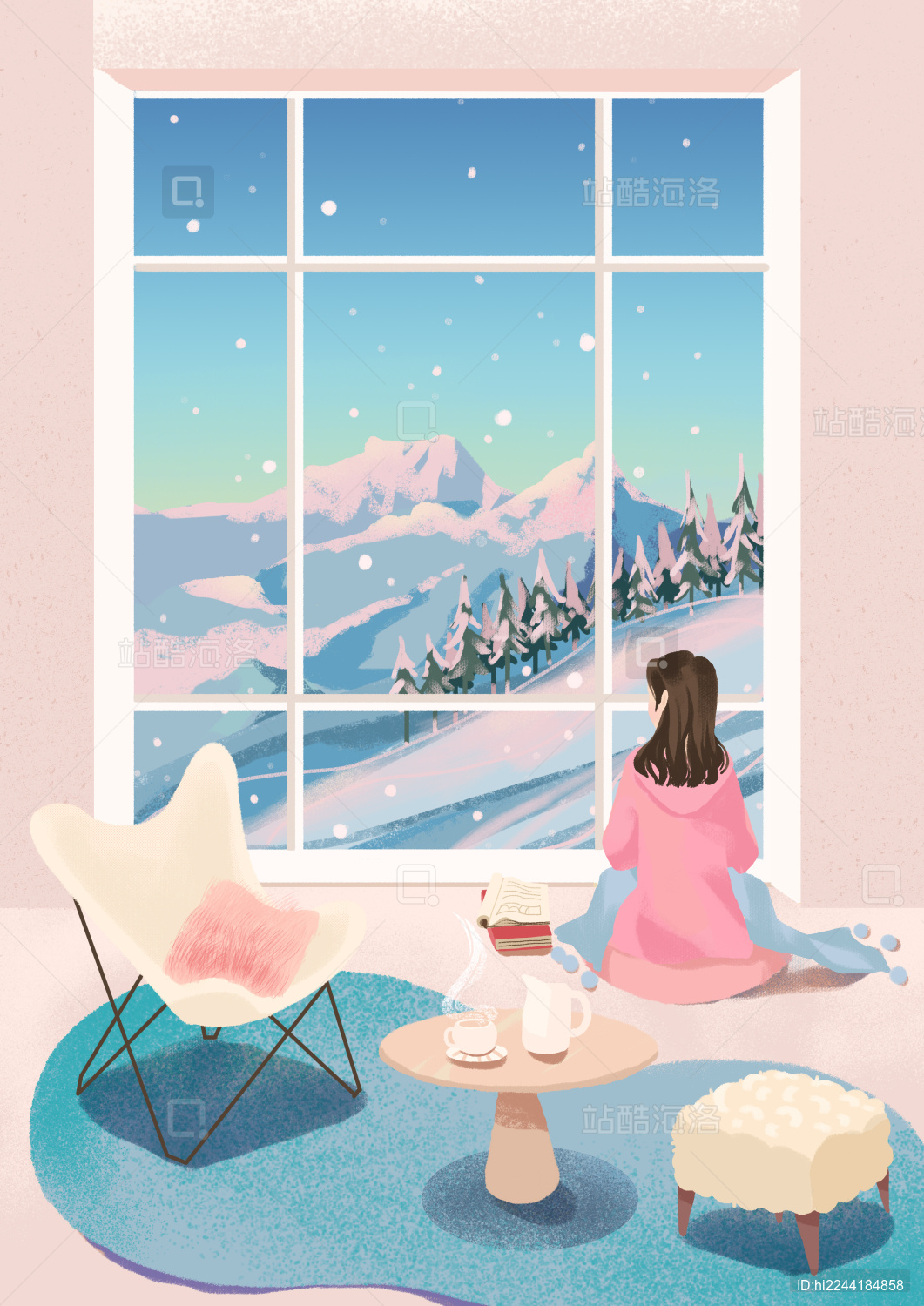 冬天女孩在室内窗边看雪看风景