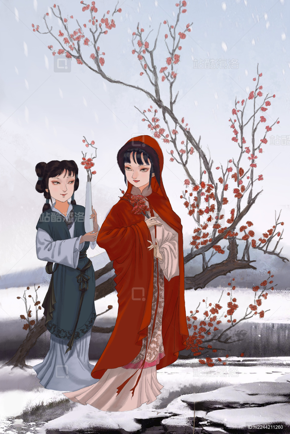 红衣美人蓝衣侍女踏雪寻梅古风插画