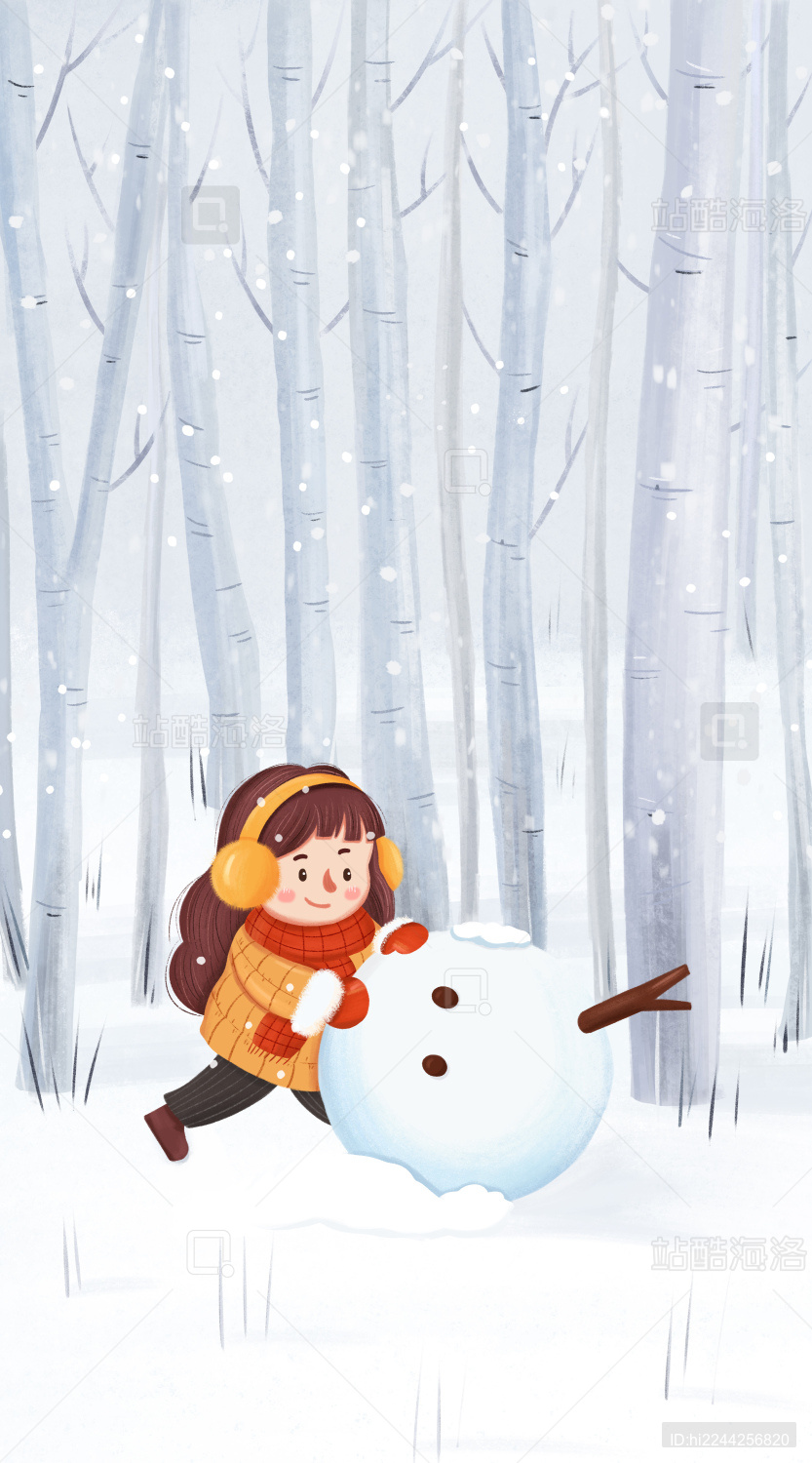 小女孩在大雪中堆雪人