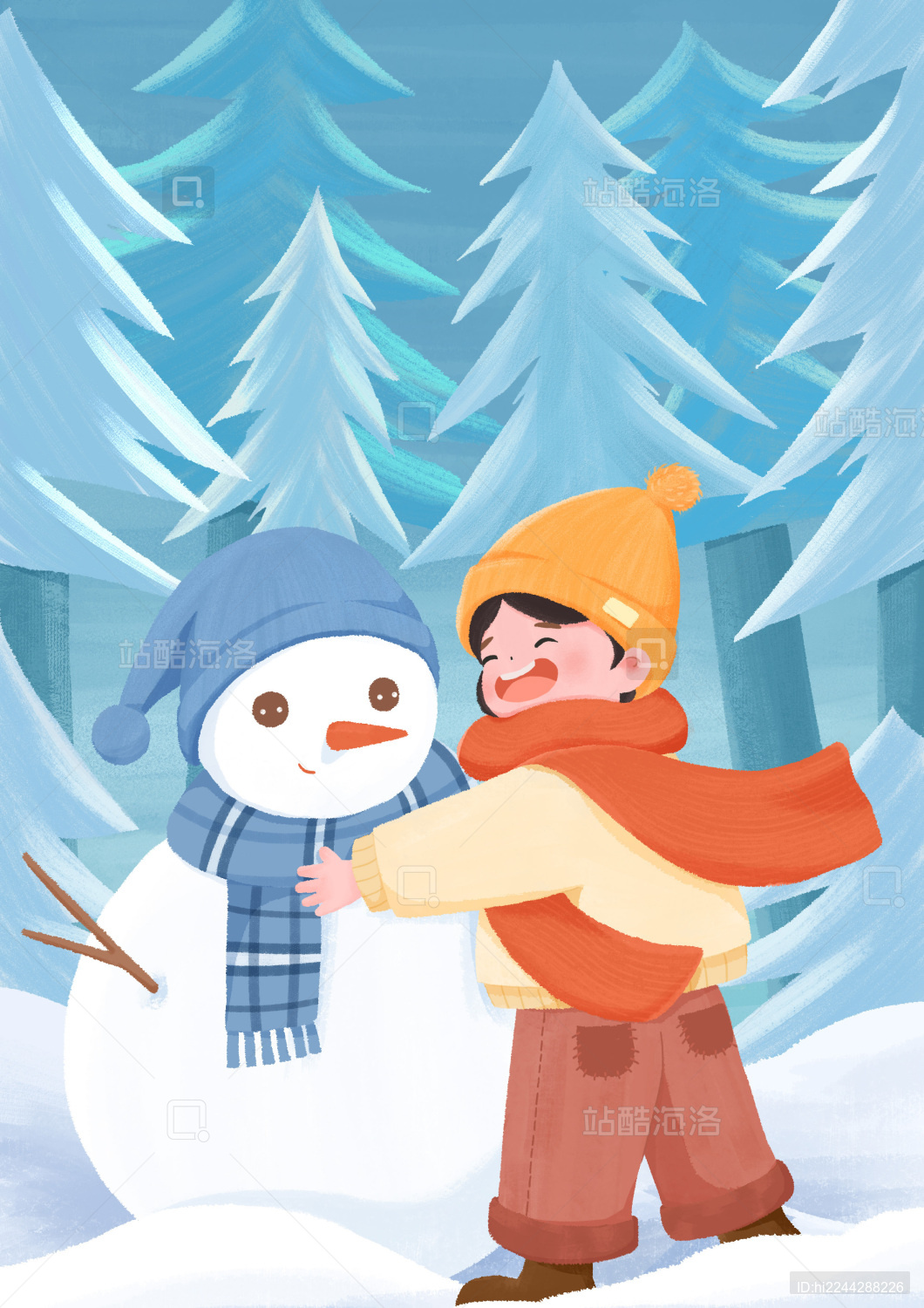 二十四节气大雪女孩在树林里堆雪人