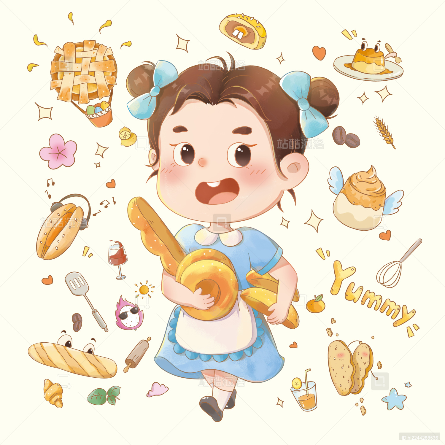 烘焙面包甜品点心食物女孩人物卡通元素