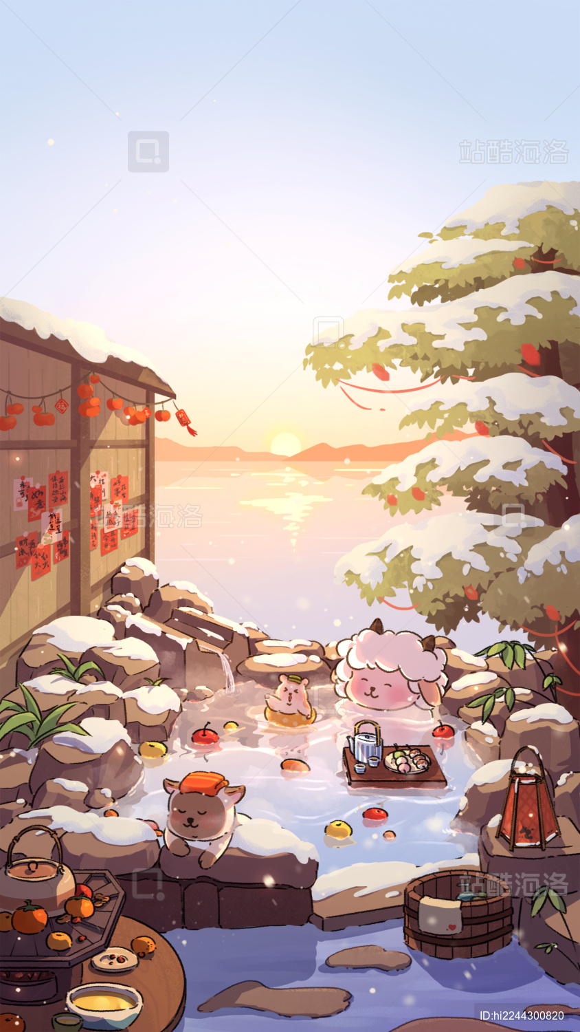 冬天夕阳下雪海边户外温泉围炉煮茶