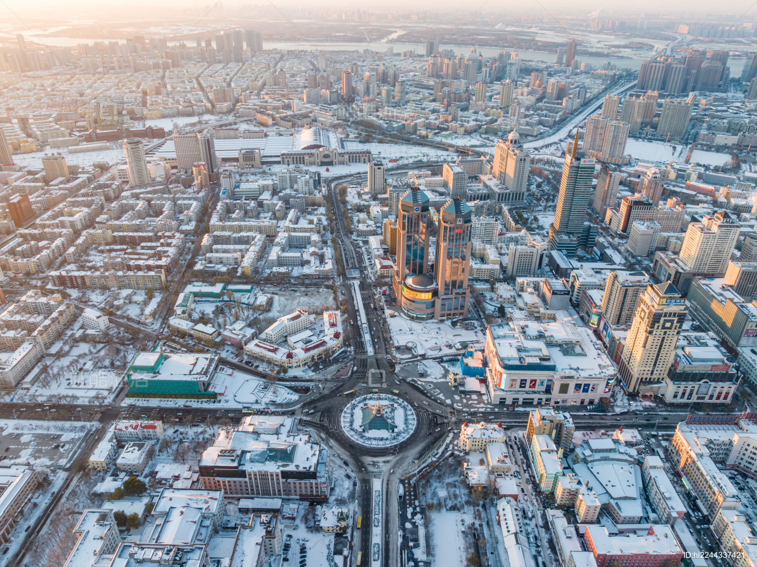 中国黑龙江哈尔滨城市雪景航拍