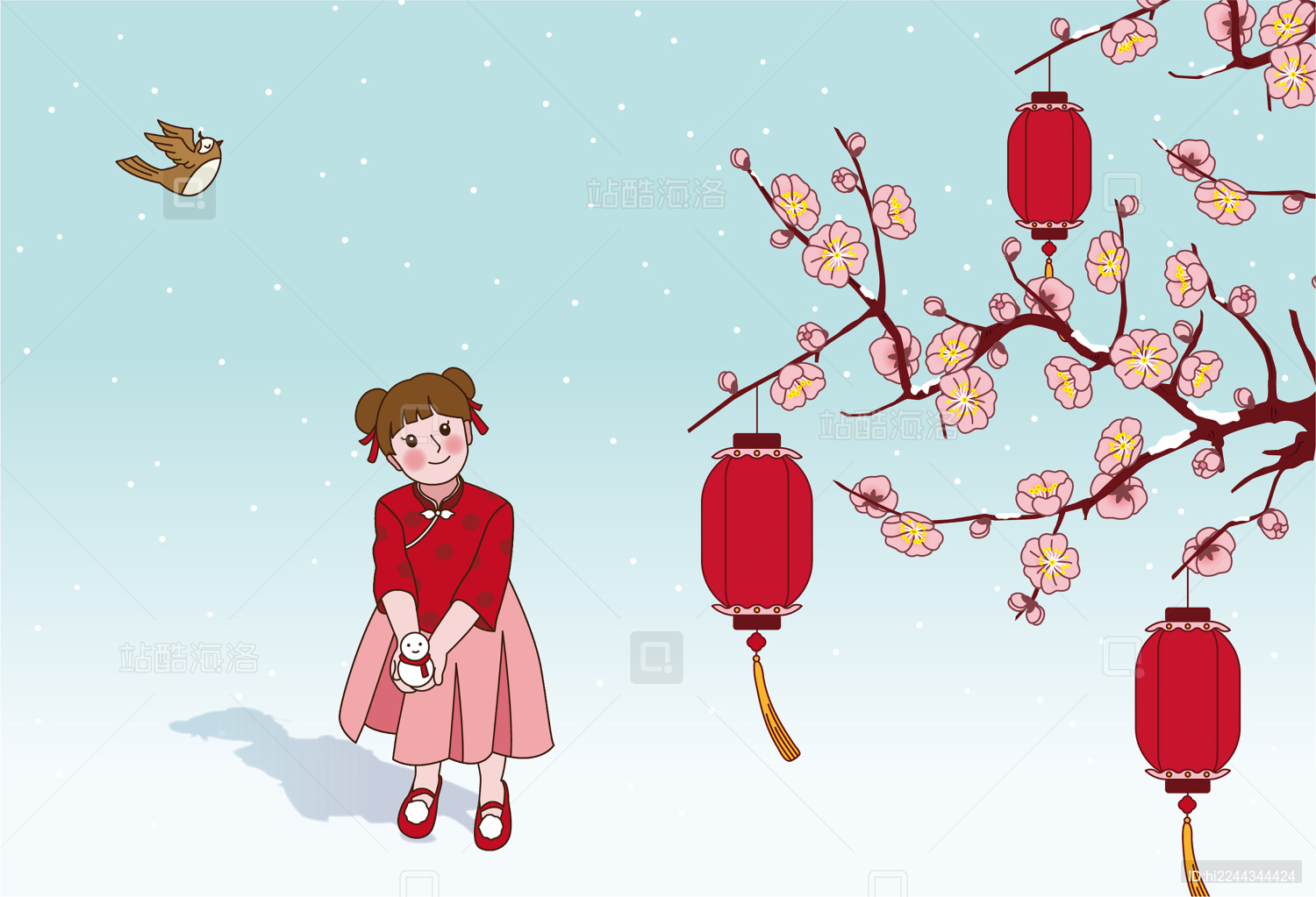 女孩站在雪中拿着雪人仰望盛开的梅花插画