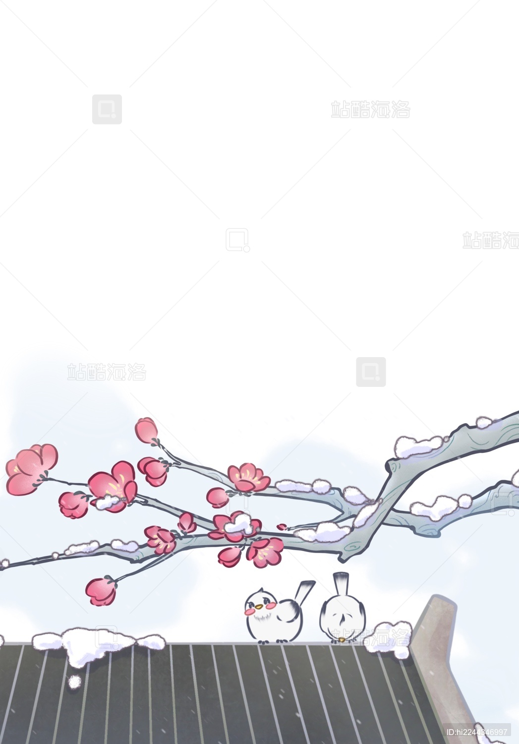 节气国潮冬天下雪屋顶小鸟梅花插画