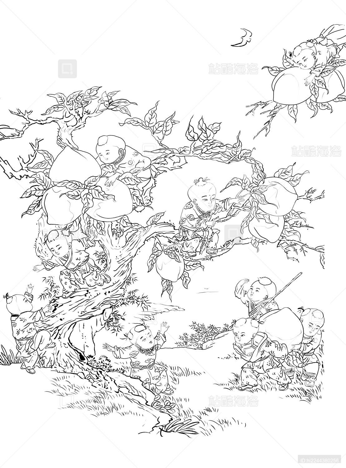 九子攀桂图白描国画工笔